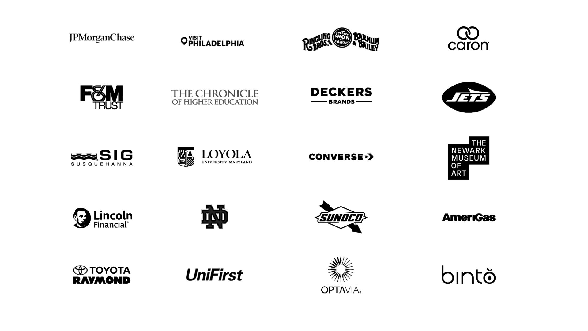 Client logos representing our background and experience. Notable clients include Sunoco, F&M Trust, SIG, the NY Jets, The Newark Museum of Art, UniFirst, Binto, and Loyola University of Maryland.