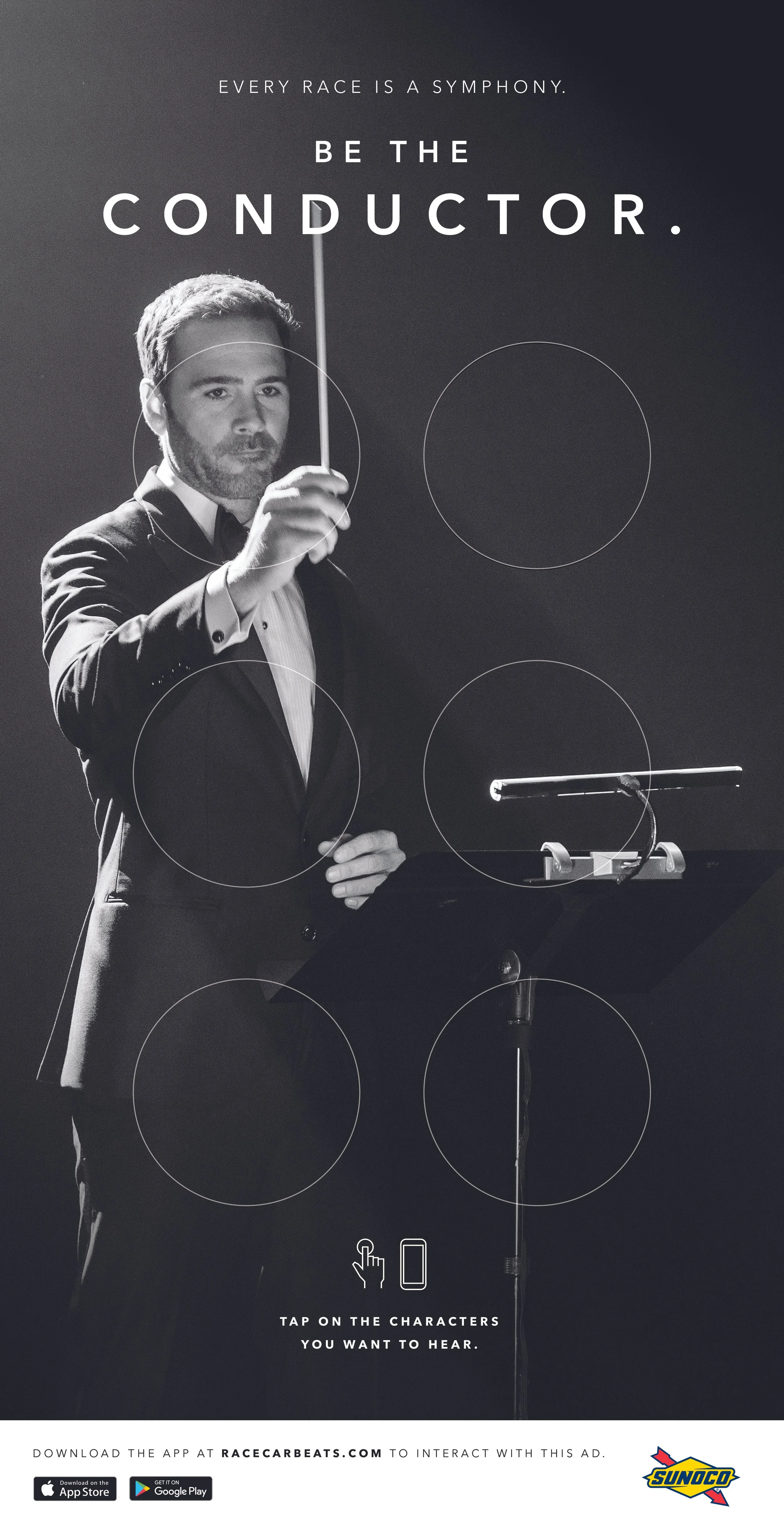 Black and white advertisement featuring a man in formal attire conducting an orchestra, with the text "Every race is a symphony. Be the conductor." and instructions to tap on characters to hear sounds, and logos for Sunoco and app store download options.