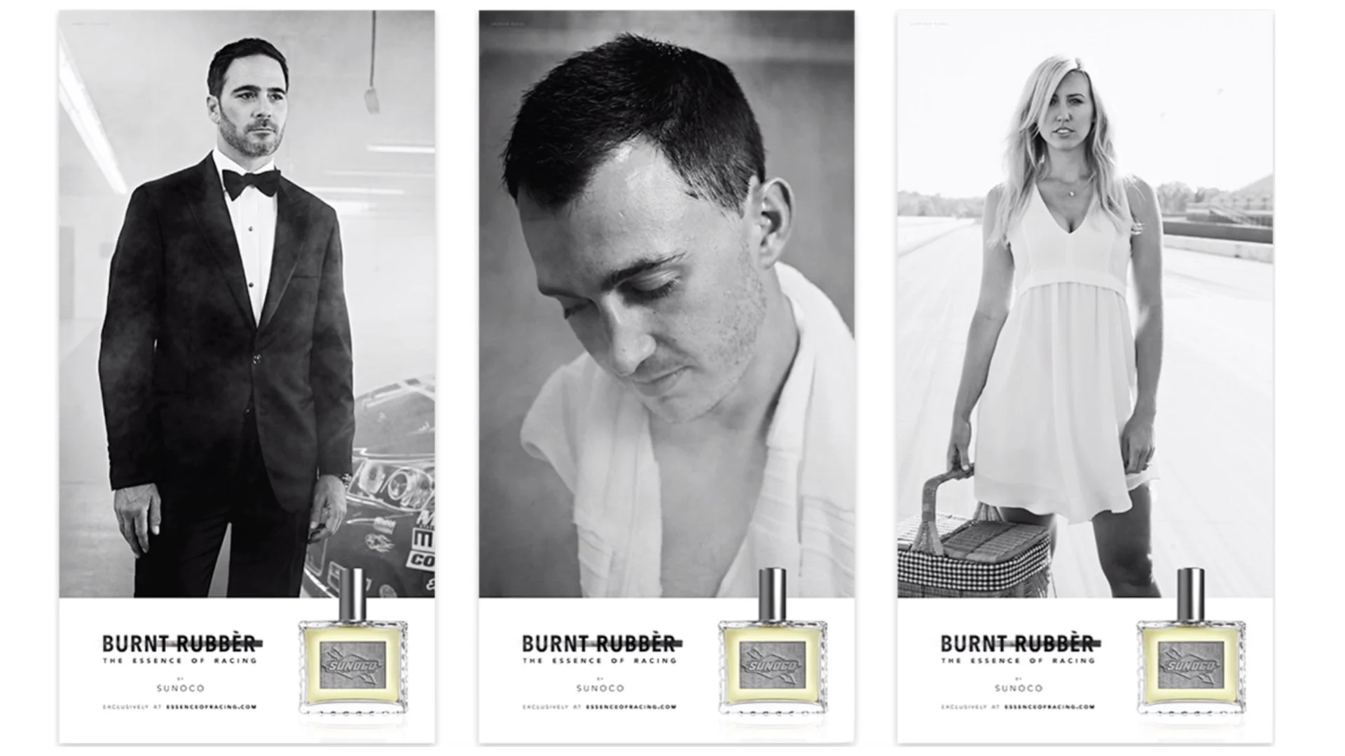 Black and white advertisement featuring three models, two men and one woman. The first man is wearing a tuxedo, the second man has a short hairstyle and casual clothing, and the woman is wearing a dress and holding a luggage. Each has an image of a Sunoco Burnt Rubber perfume bottle at the bottom with the caption 'Burnt Rubber: The Essence of Racing'.