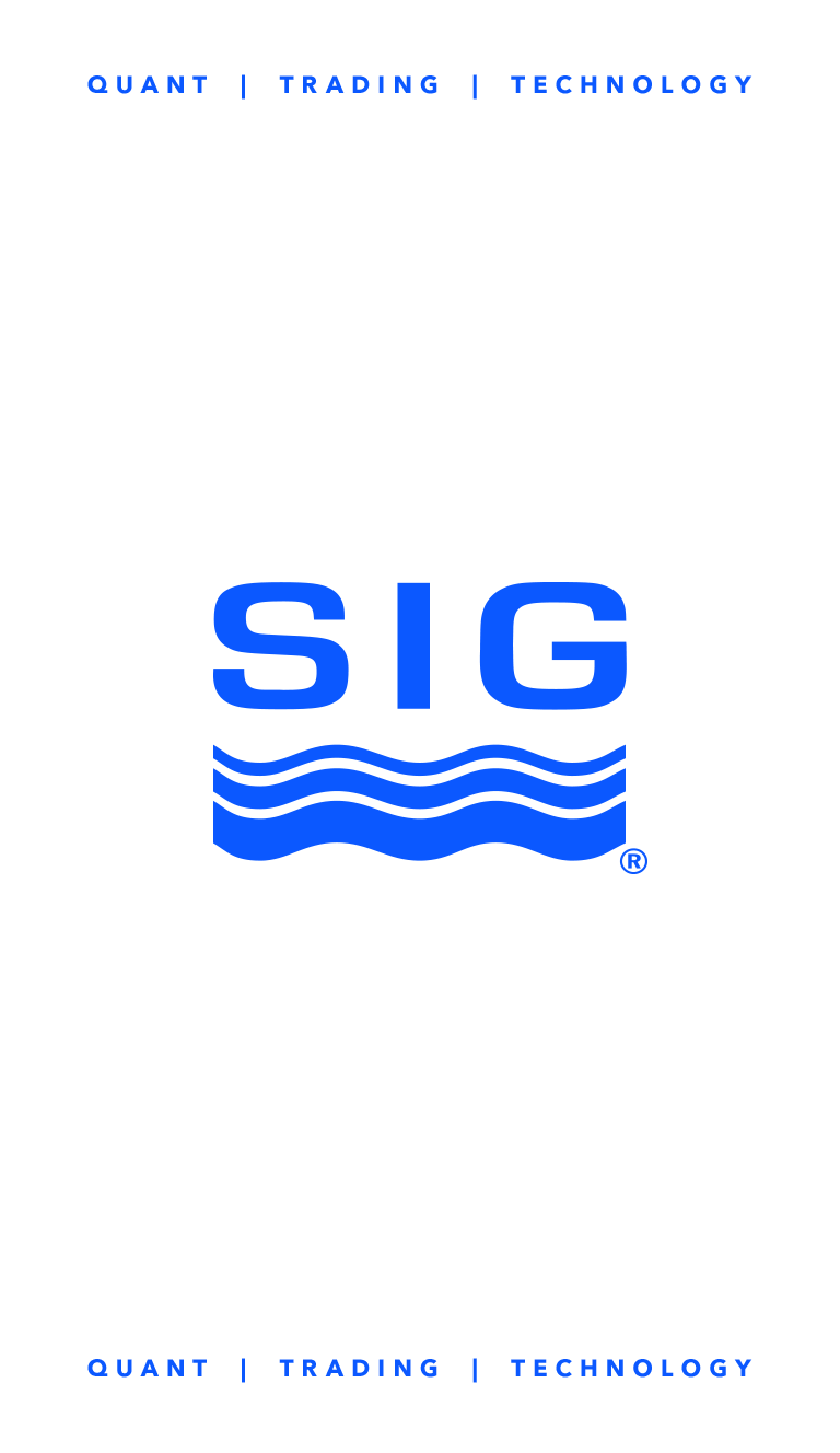 White background with blue text that says "QUANT | TRADING | TECHNOLOGY" at the top and bottom. Large blue letters in the center spell "SIG" with wave lines underneath.
