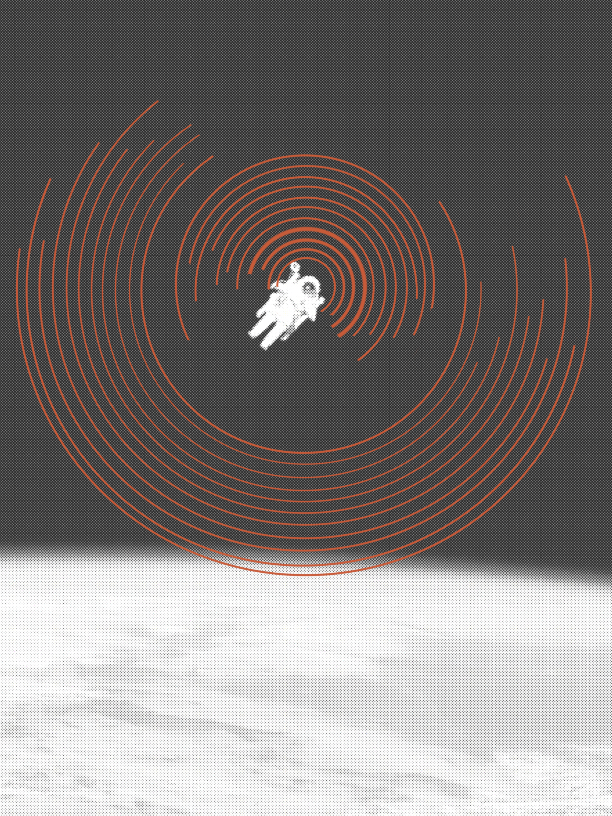 An astronaut floating in space near Earth, with red radar-like rings surrounding them.