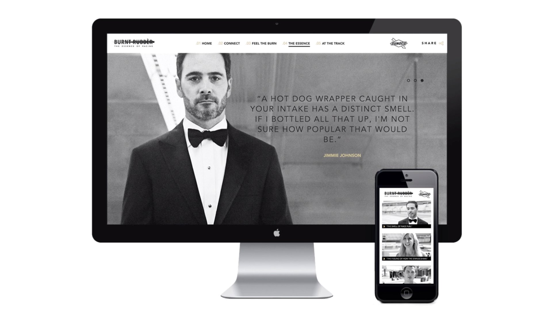 A website displayed on an iMac and iPhone, featuring a black-and-white photo of a man in a tuxedo with a bow tie, with a quote beside him.