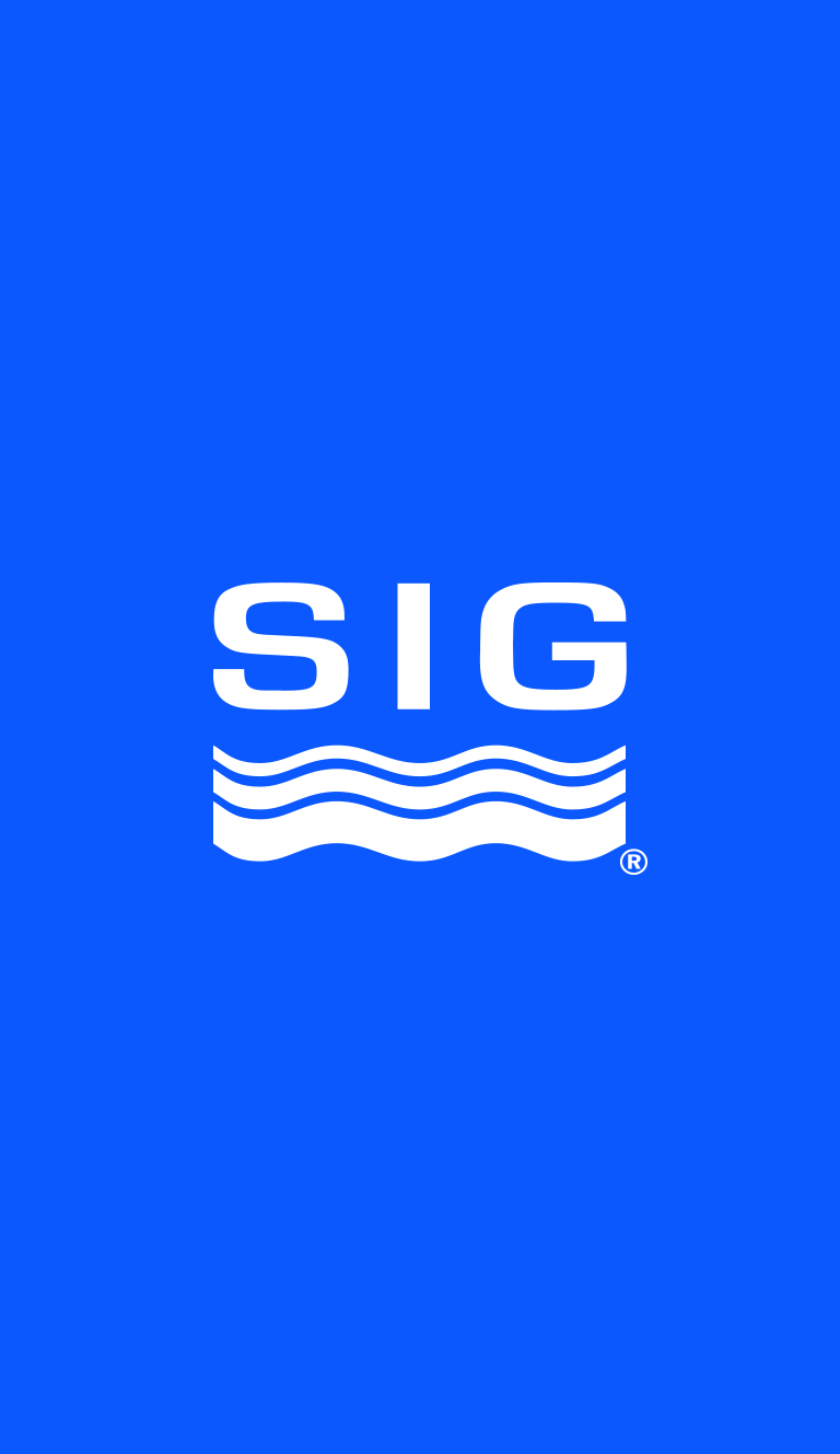 Blue SIG logo with wavy lines underneath on a blue background.