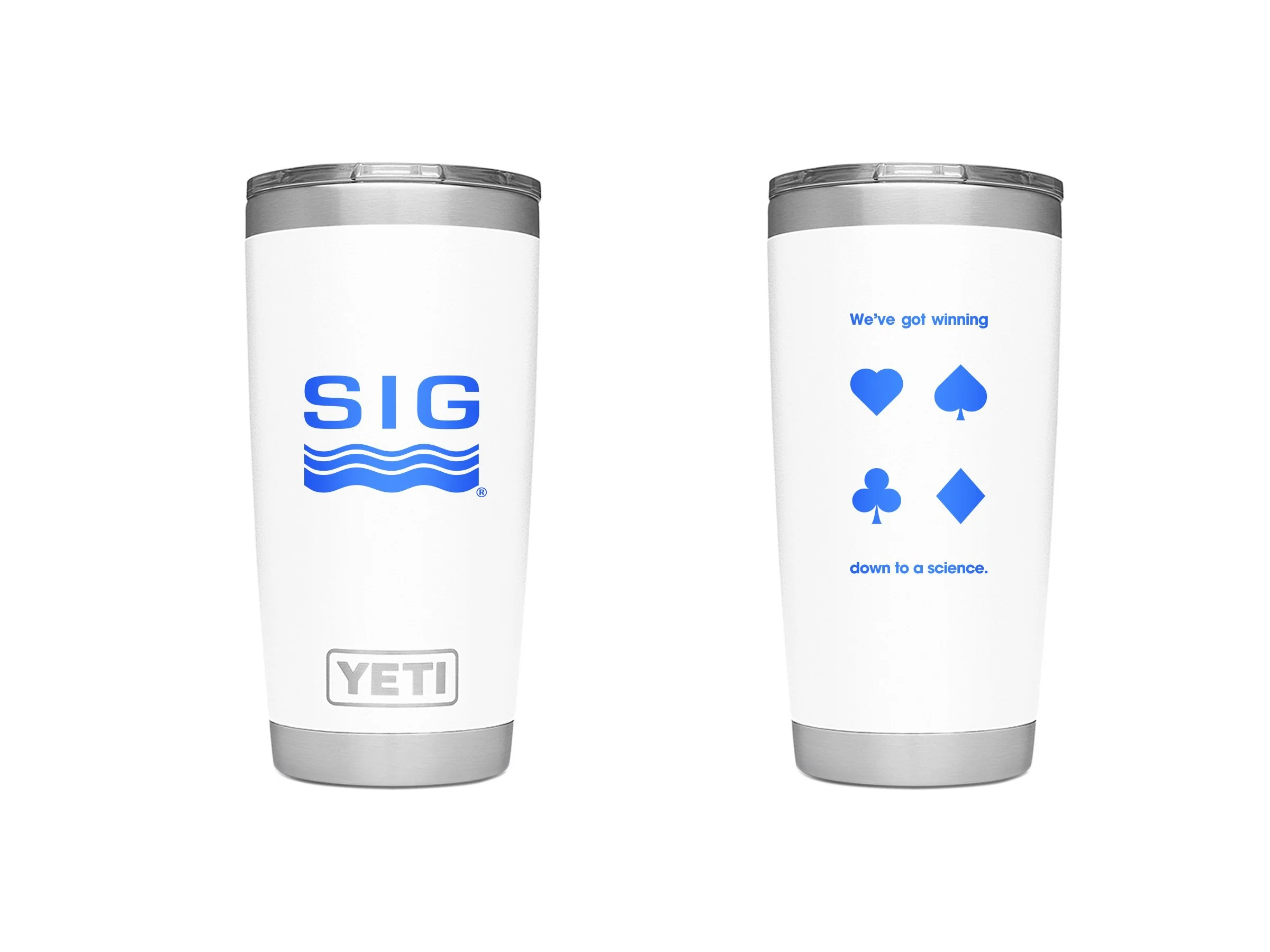 Two YETI tumblers with custom blue and white designs, featuring the SIG logo with water waves on the left tumbler and card suit symbols with text on the right tumbler.