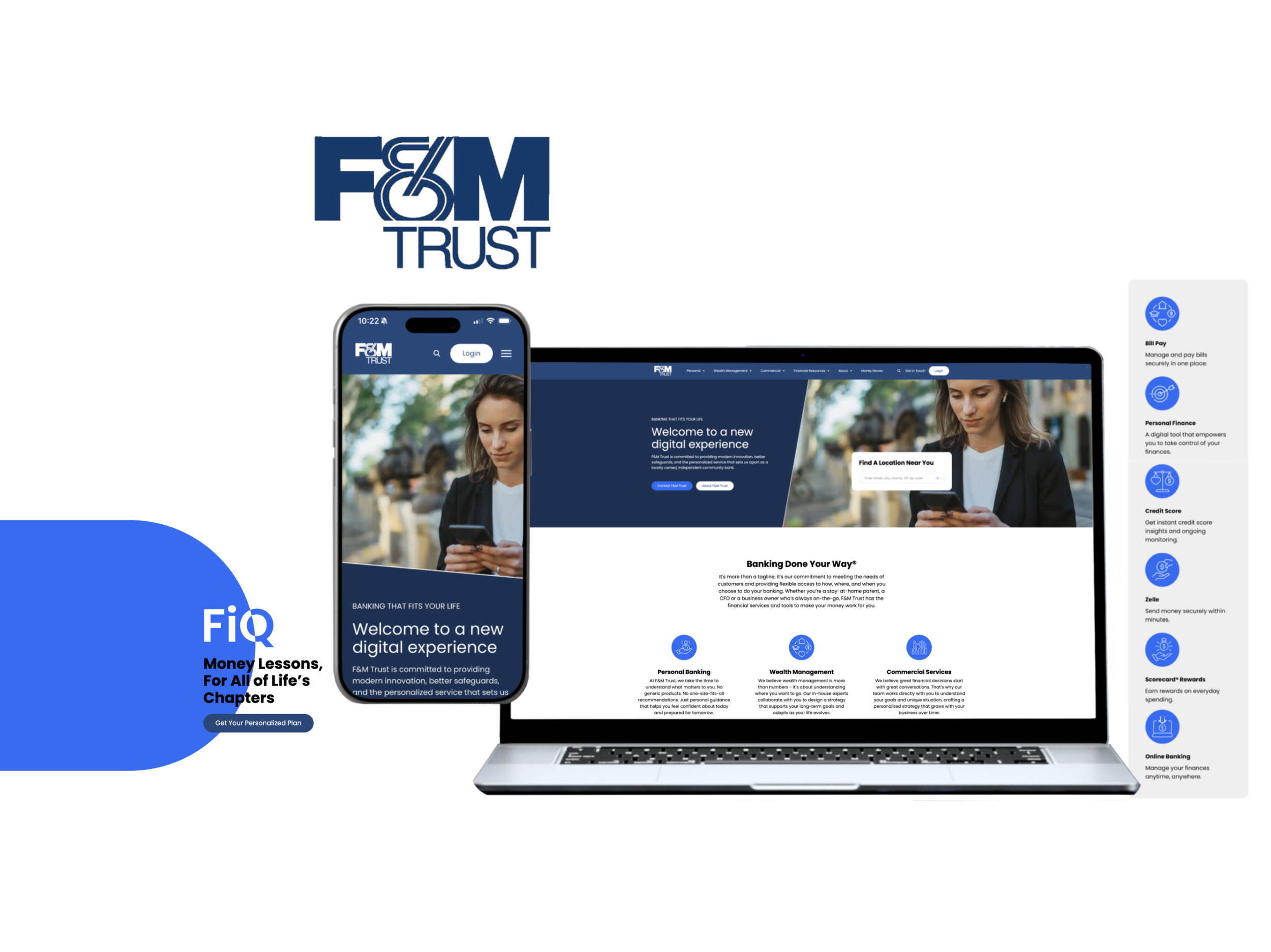 Screenshot of the F&M Trust website displayed on a smartphone and laptop, showing banking services and digital experience options.