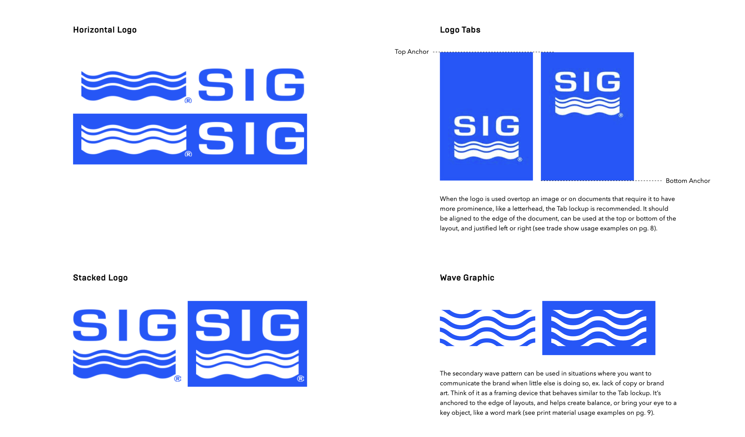 Graphic showing different logo variations for a brand with wave symbols and the text "SIG" in blue. The top left has two horizontal logos, the top right shows logo tabs with top and bottom anchors, the bottom left features a stacked logo, and the bot