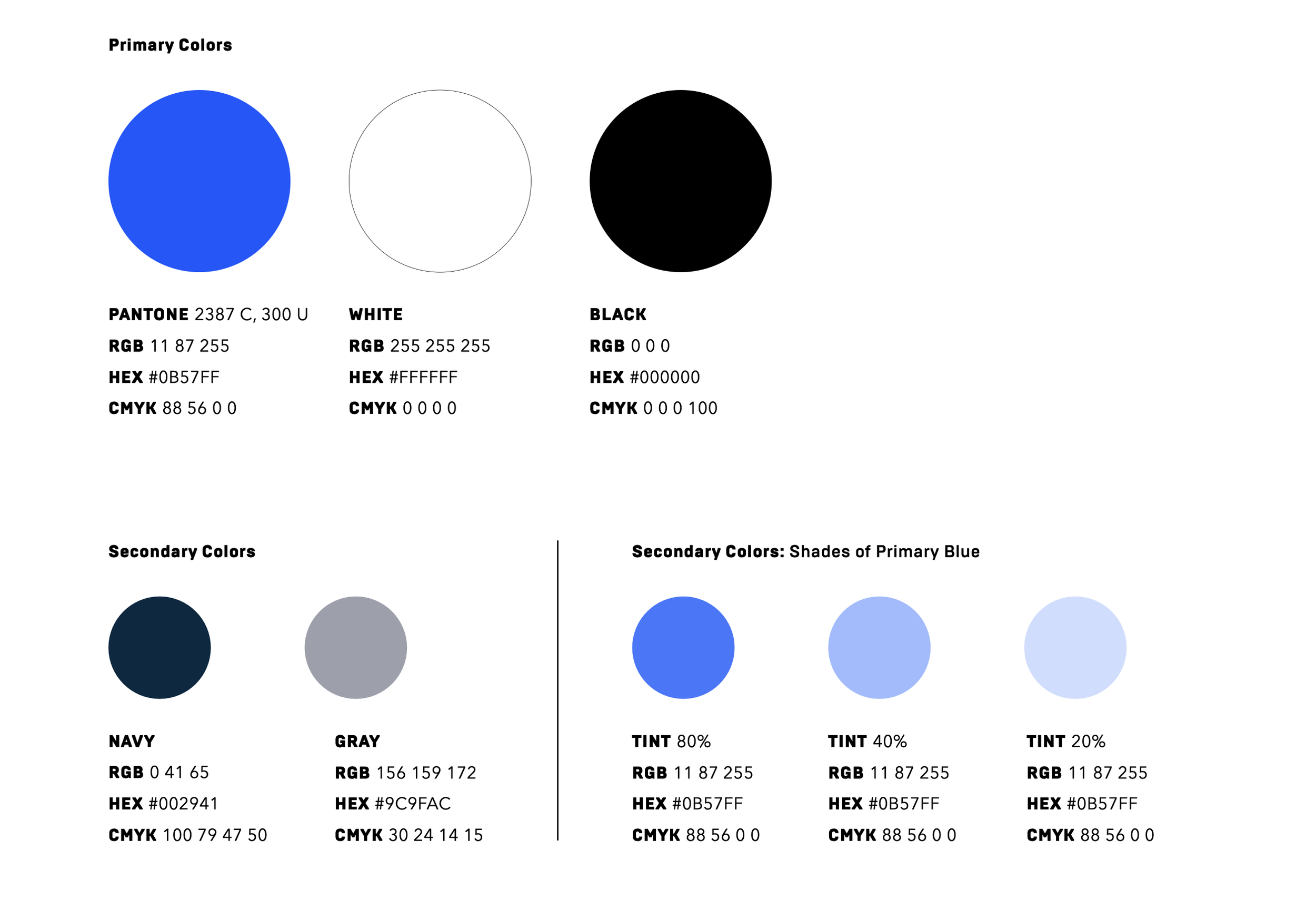 Digital color palette showing primary colors blue, white, and black, with secondary colors navy and gray, and shades of primary blue arranged with tints at 80%, 40%, and 20%.