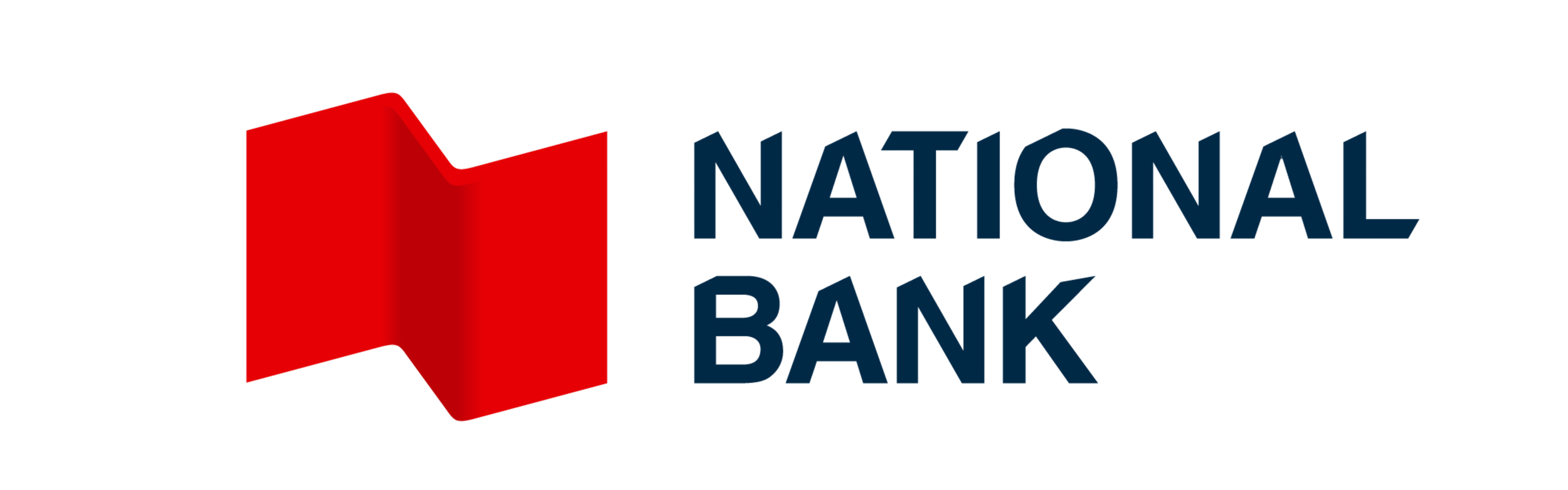 Logo of the National Bank with a red square and black shadow and blue text