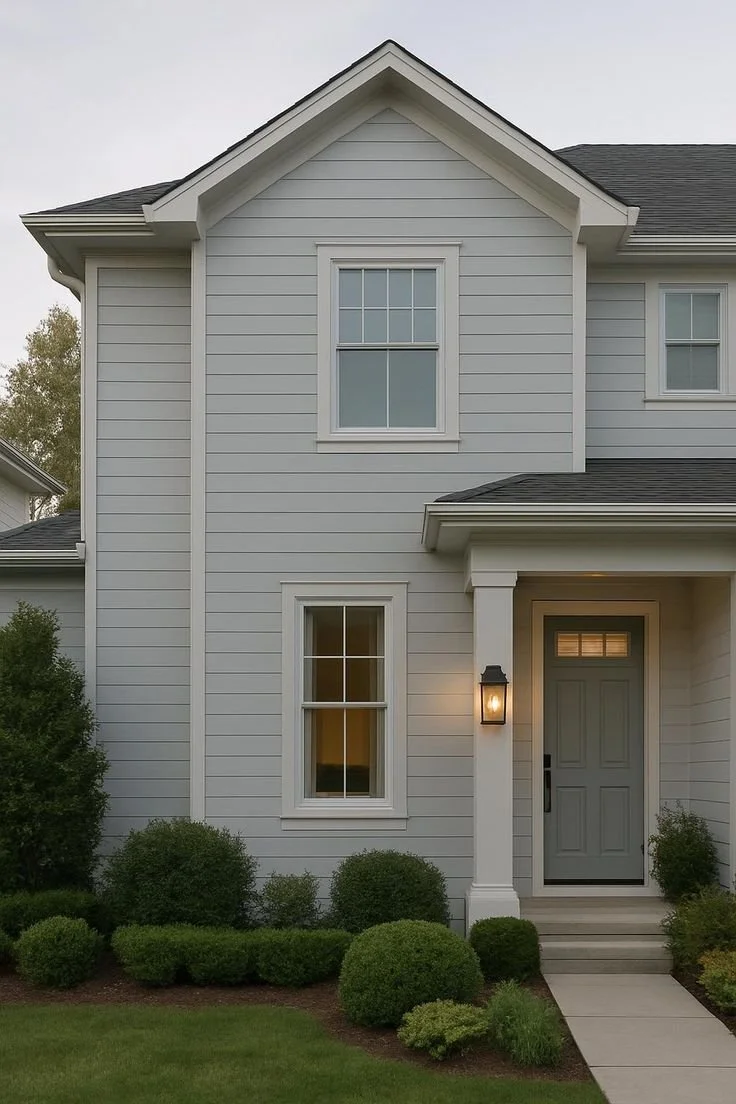 Front view of a two-story house with white siding, dark roof, front door with sidelights, and well-maintained landscaping.