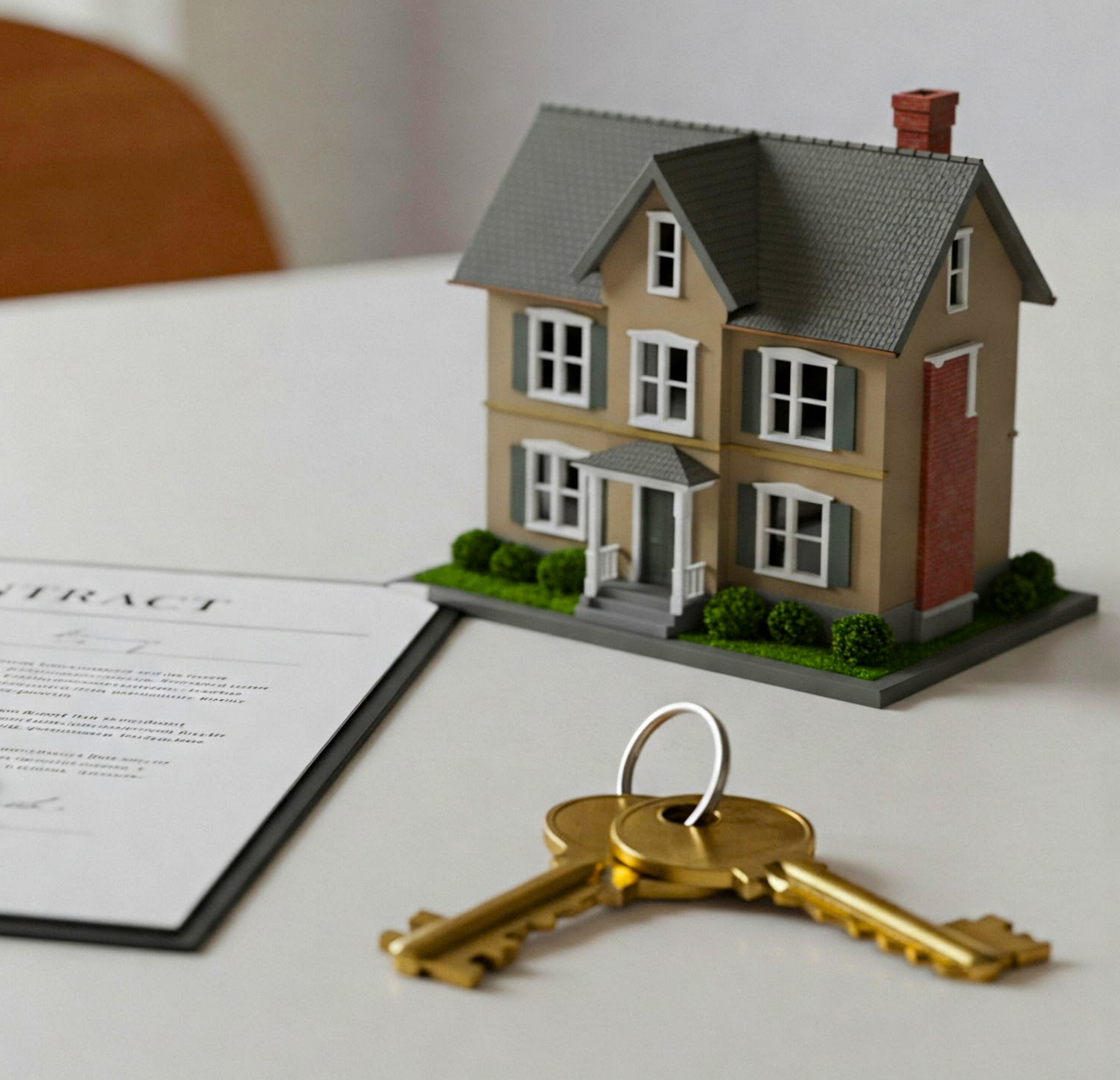 A miniature model of a house on a table with a set of keys and a rental agreement document nearby.