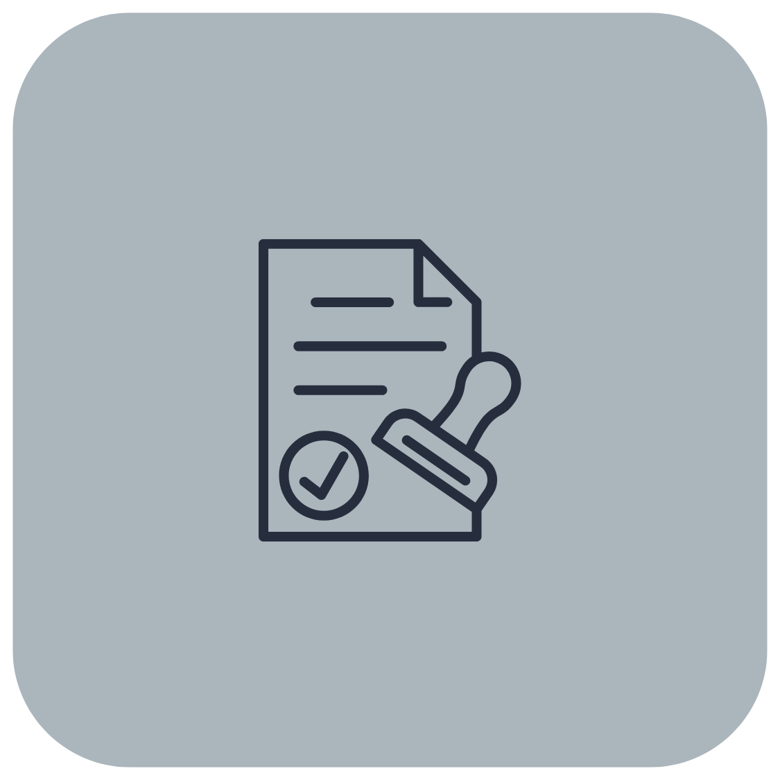 Line drawing of a document with a checkmark and a stamp overlay.