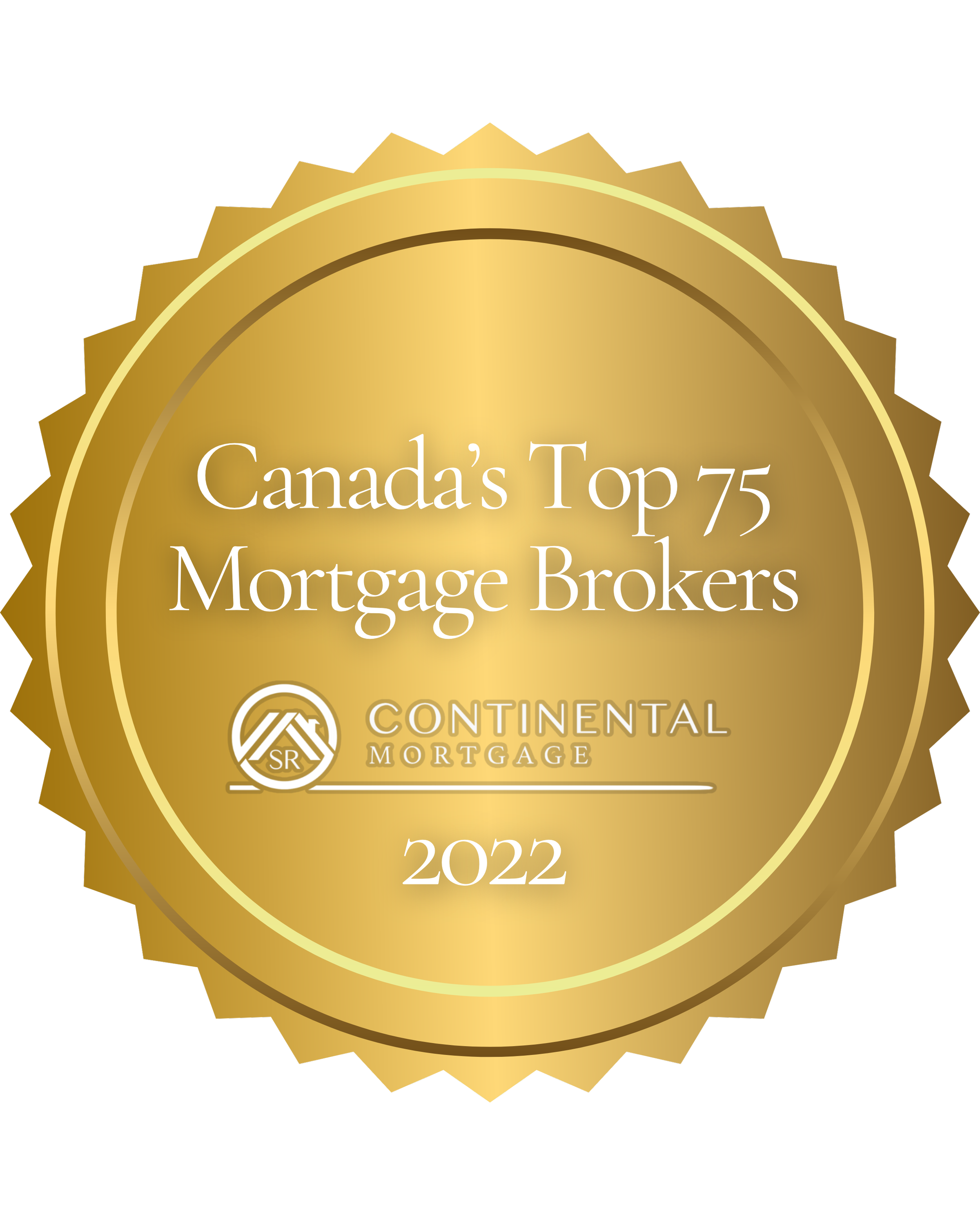 Gold award emblem recognizing Canada's Top 75 Mortgage Brokers of 2022 by Continental Mortgage.