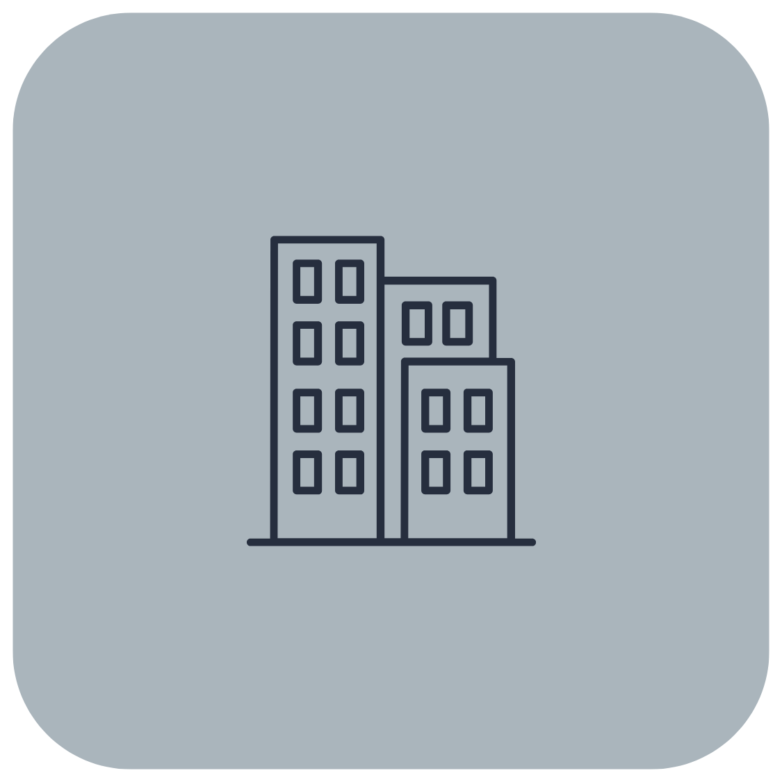 Simple line drawing of three high-rise buildings with multiple windows on a light grey background.