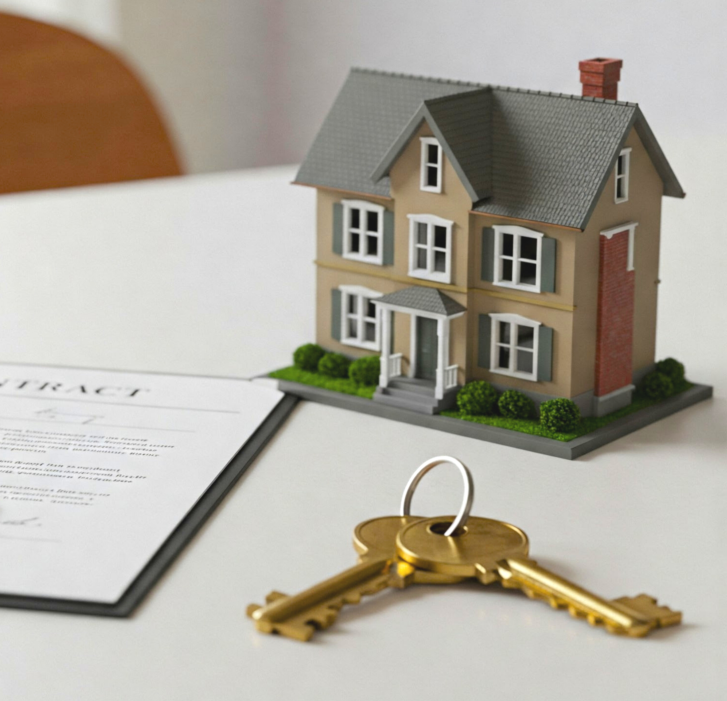 A model of a house, a set of house keys, and a contract on a table.