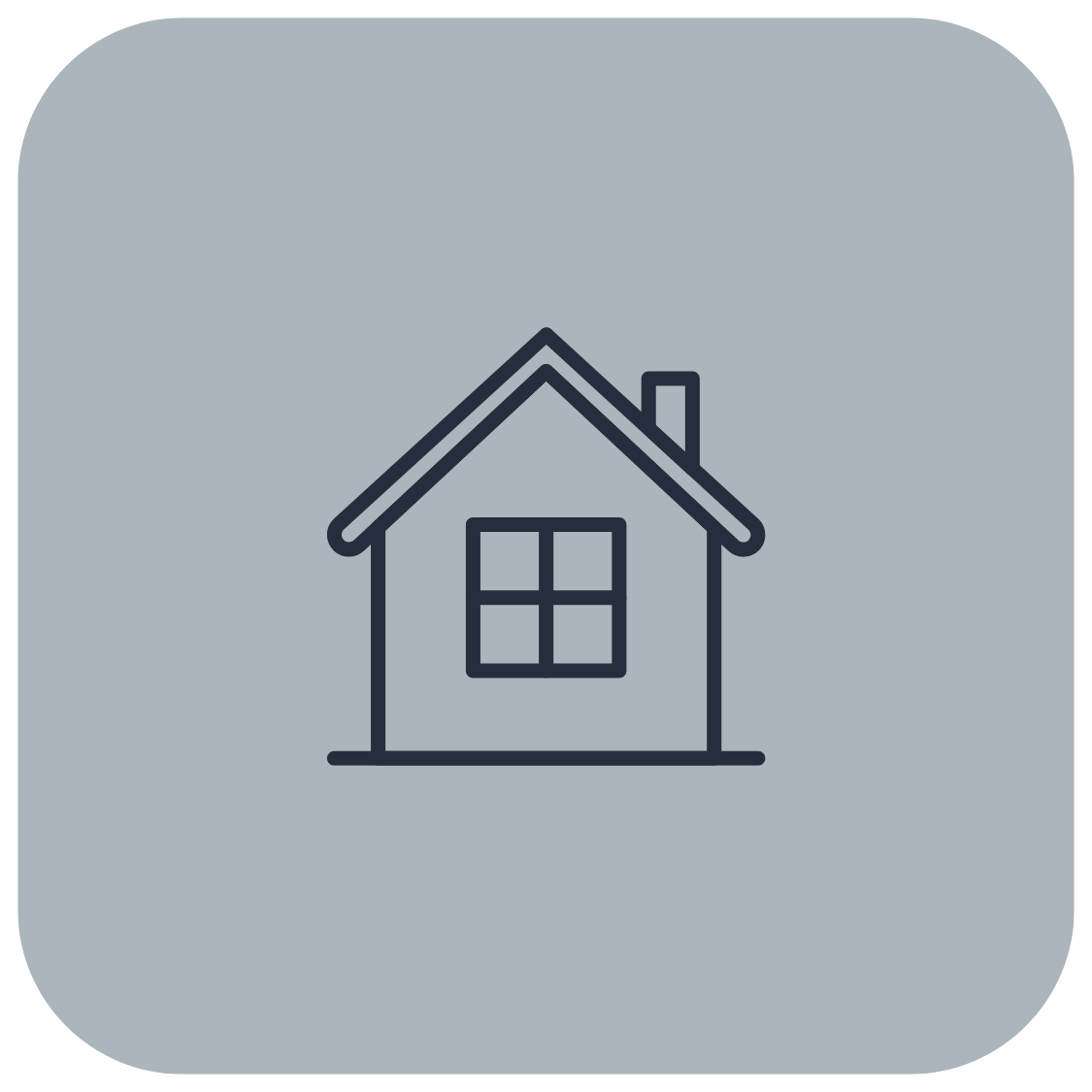 Simple line drawing of a house with a gabled roof, a chimney, and a four-pane window on a grey rounded-square background.