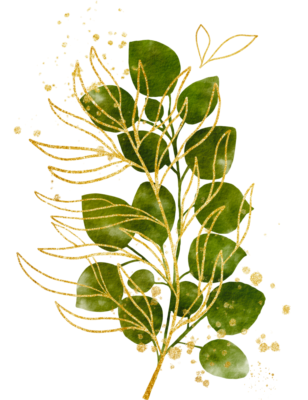 Blumen mit grünen Blättern und goldenen Konturen, einige Blüten in lila und gelber Pollen.