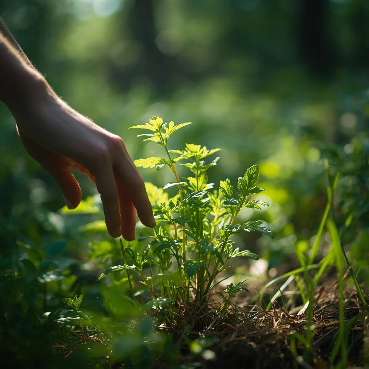 Eine Hand berührt eine Pflanze in einem Garten mit Sonnenlicht, umgeben von grünen Blättern und Pflanzen.