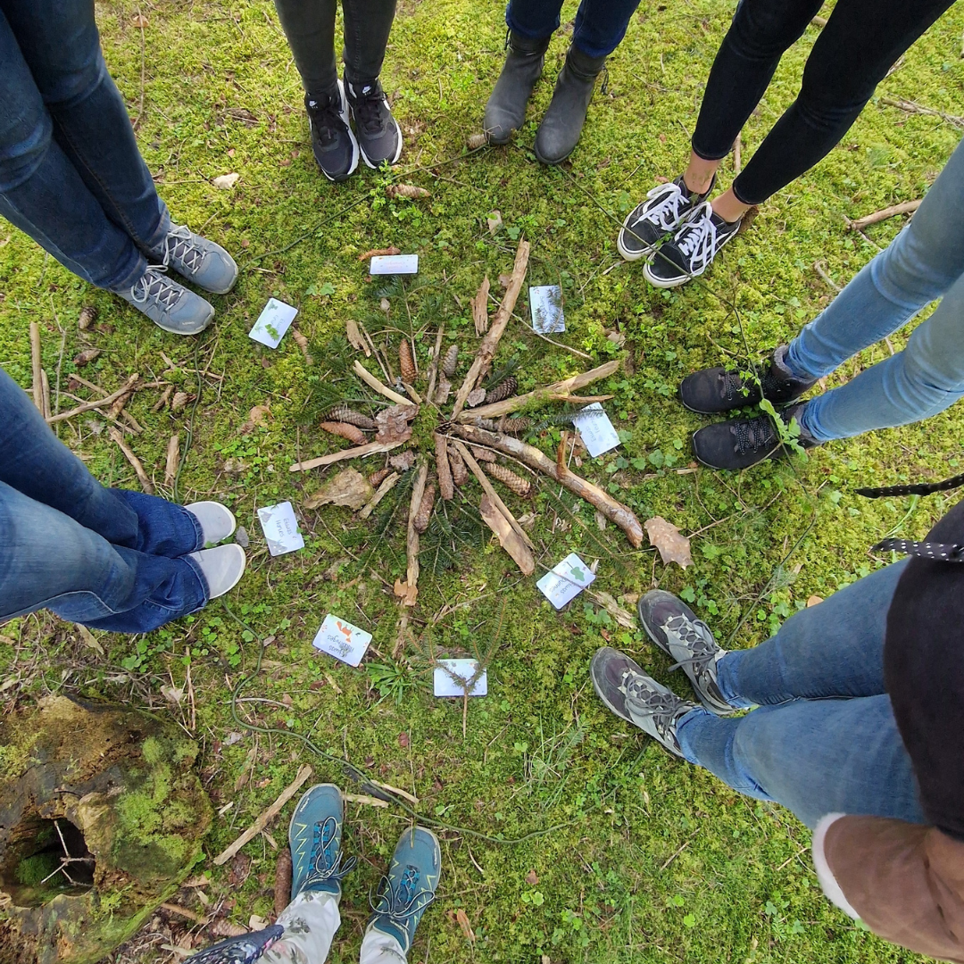 Menschen stehen im Kreis um ein Kunstprojekt aus Naturmaterialien auf dem Waldboden, mit kleinen Fotos und Gegenständen in der Mitte.