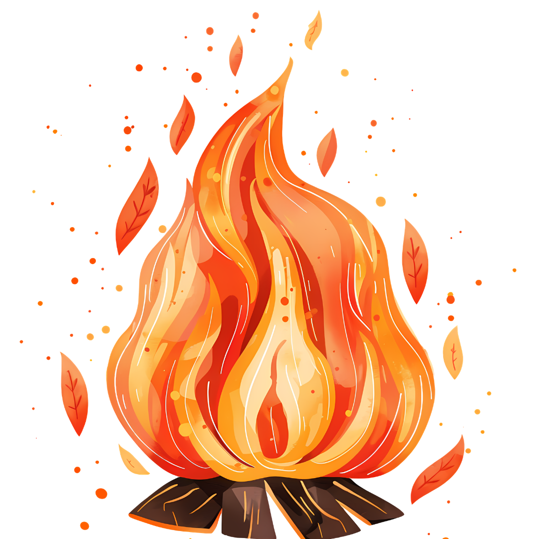 Illustration einer brennenden Kerze mit Flammen und herabfallenden Blättern, warme Orangetöne.