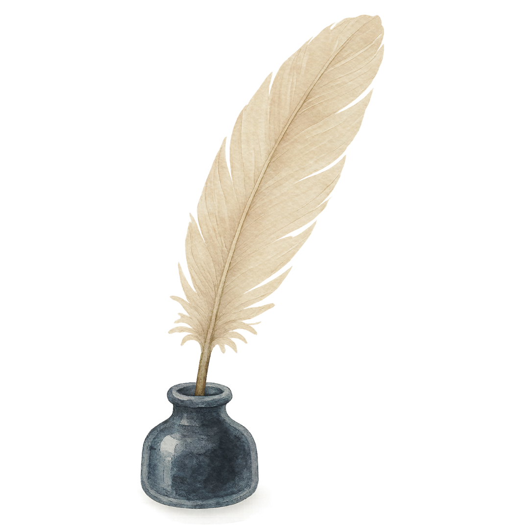 Eine Weisse Feder in einem kleinen dunklen Tintenfass