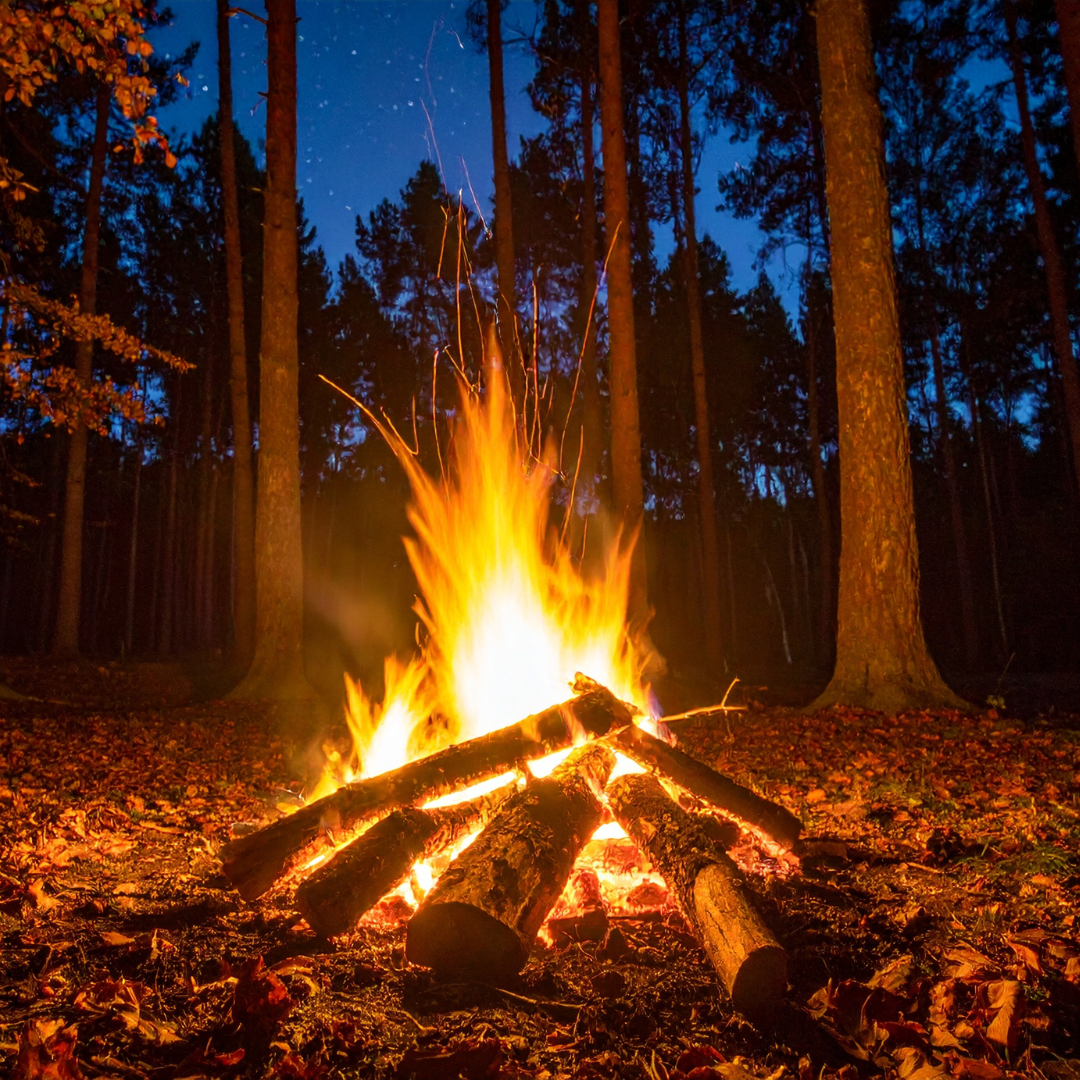 Lagerfeuer in einem dunklen Wald bei Nacht, umgeben von Bäumen, mit lebendigen Flammen und aufsteigender Glut.
