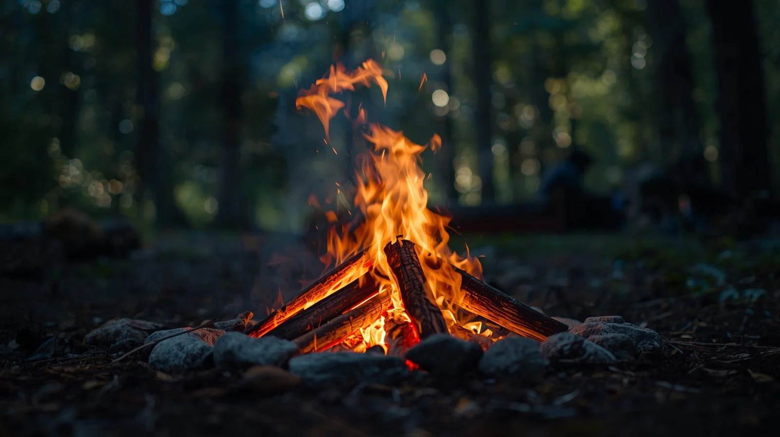 Feuerstelle mit brennendem Holz im Wald bei Dämmerung