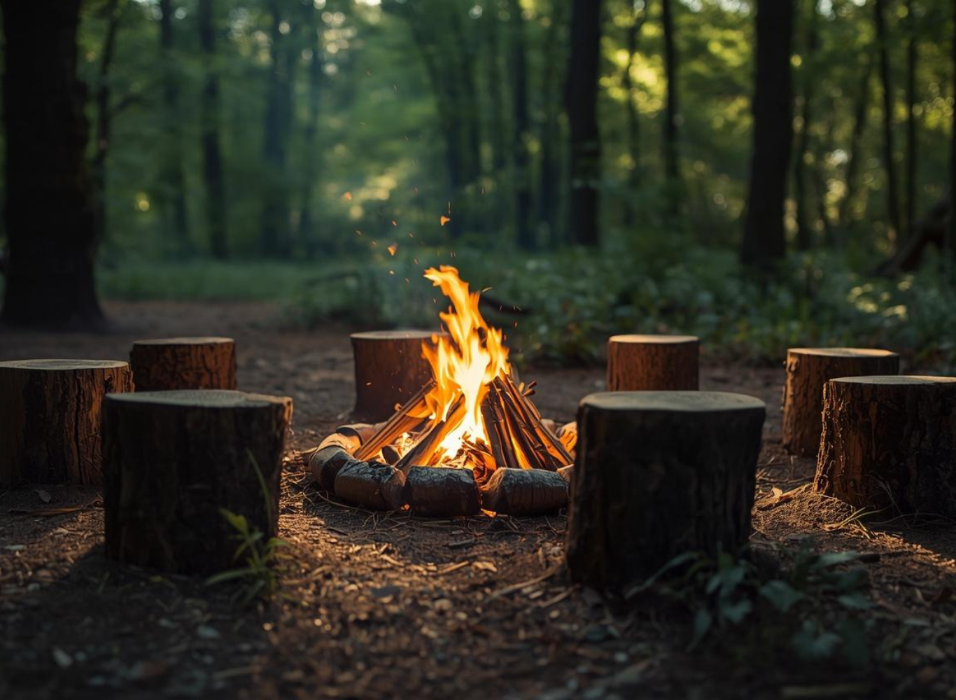 Ein Lagerfeuer in einem Wald, umgeben von Baumstümpfen, bei Sonnenuntergang oder in den frühen Abendstunden.