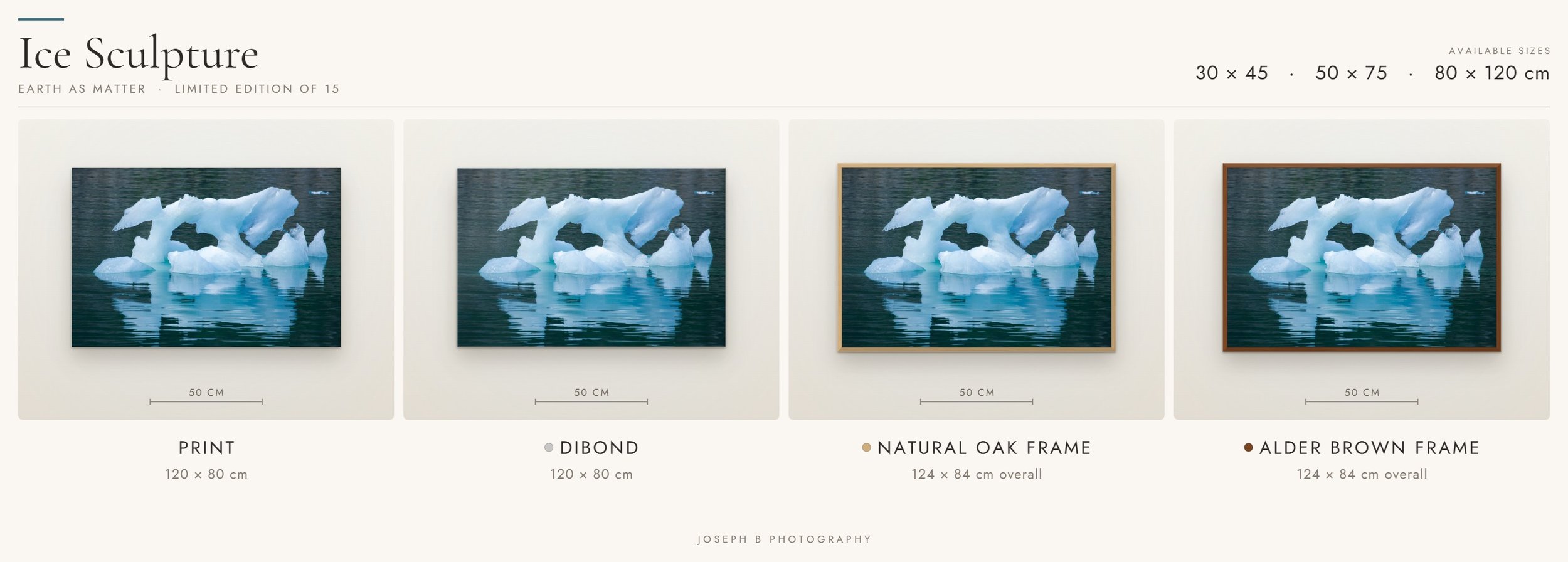 Ice Sculpture Fine Art photograph presented in four finishes: unframed paper print, unframed Dibond, Natural Oak frame and Alder Brown frame.
