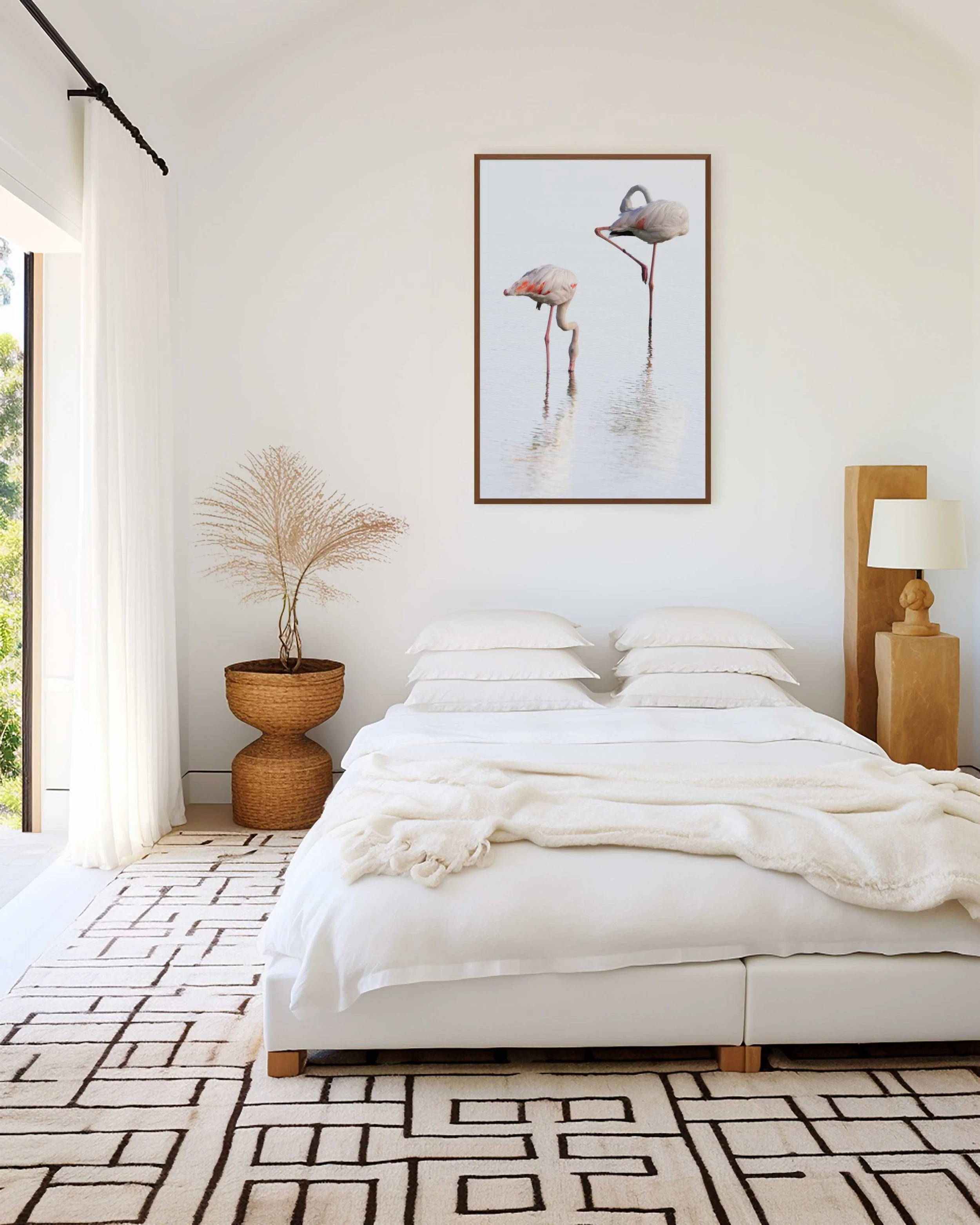 Together limited edition wildlife photograph in an alder brown frame, displayed above a bed in a contemporary interior.