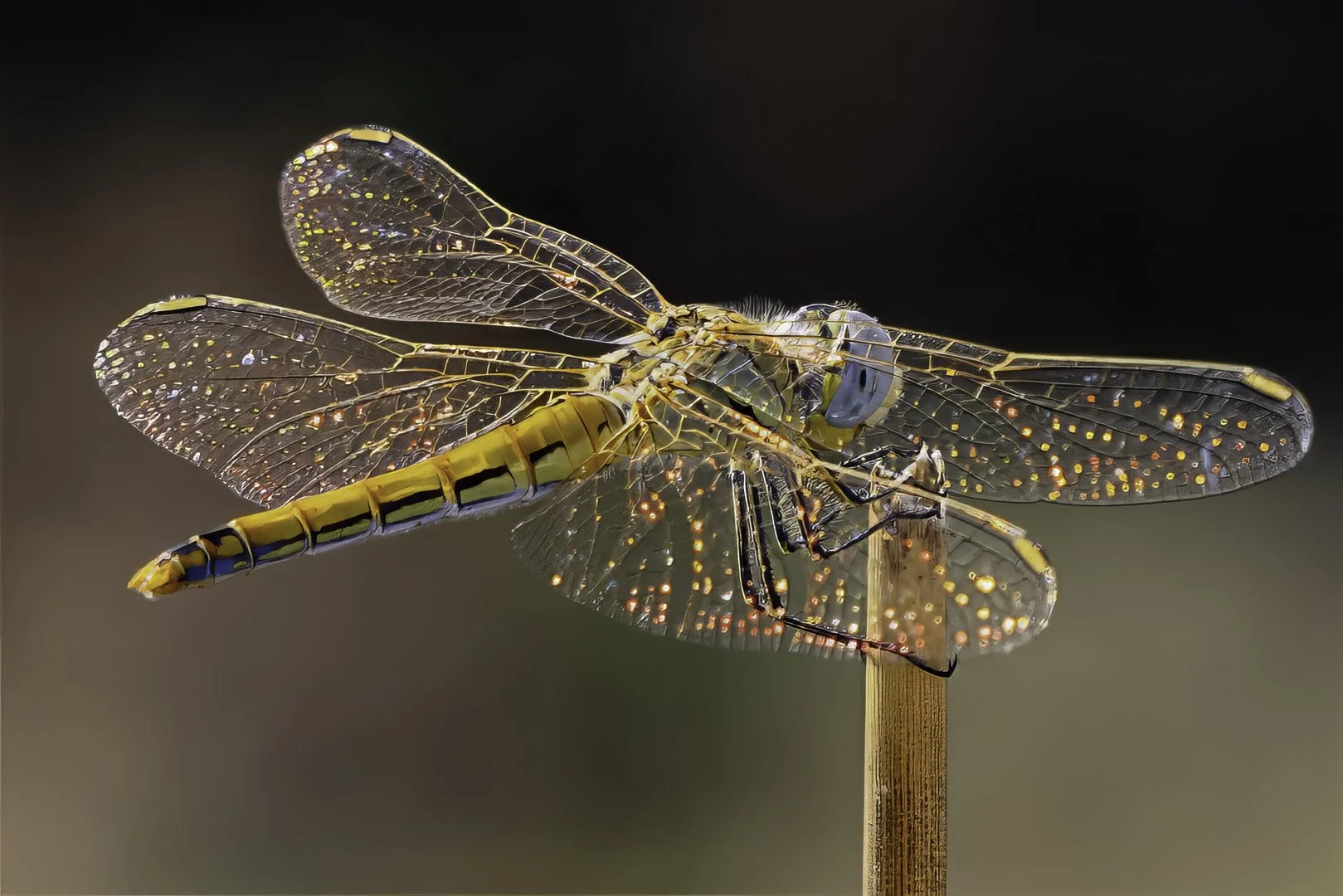 Dragonfly macro photograph, four wings spread showing golden venation and iridescent spots. Fine art nature photography by Joseph B Photography.