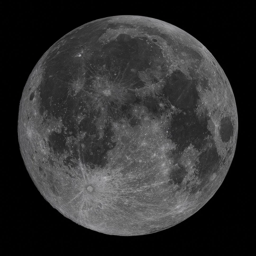 Detailed full moon showing craters and lunar surface features against a black sky.