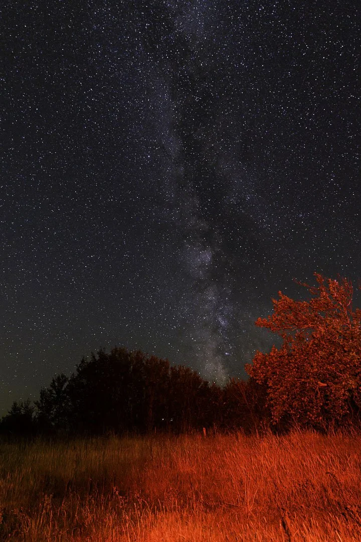 Milky Way rising above a natural landscape illuminated with red light at night.