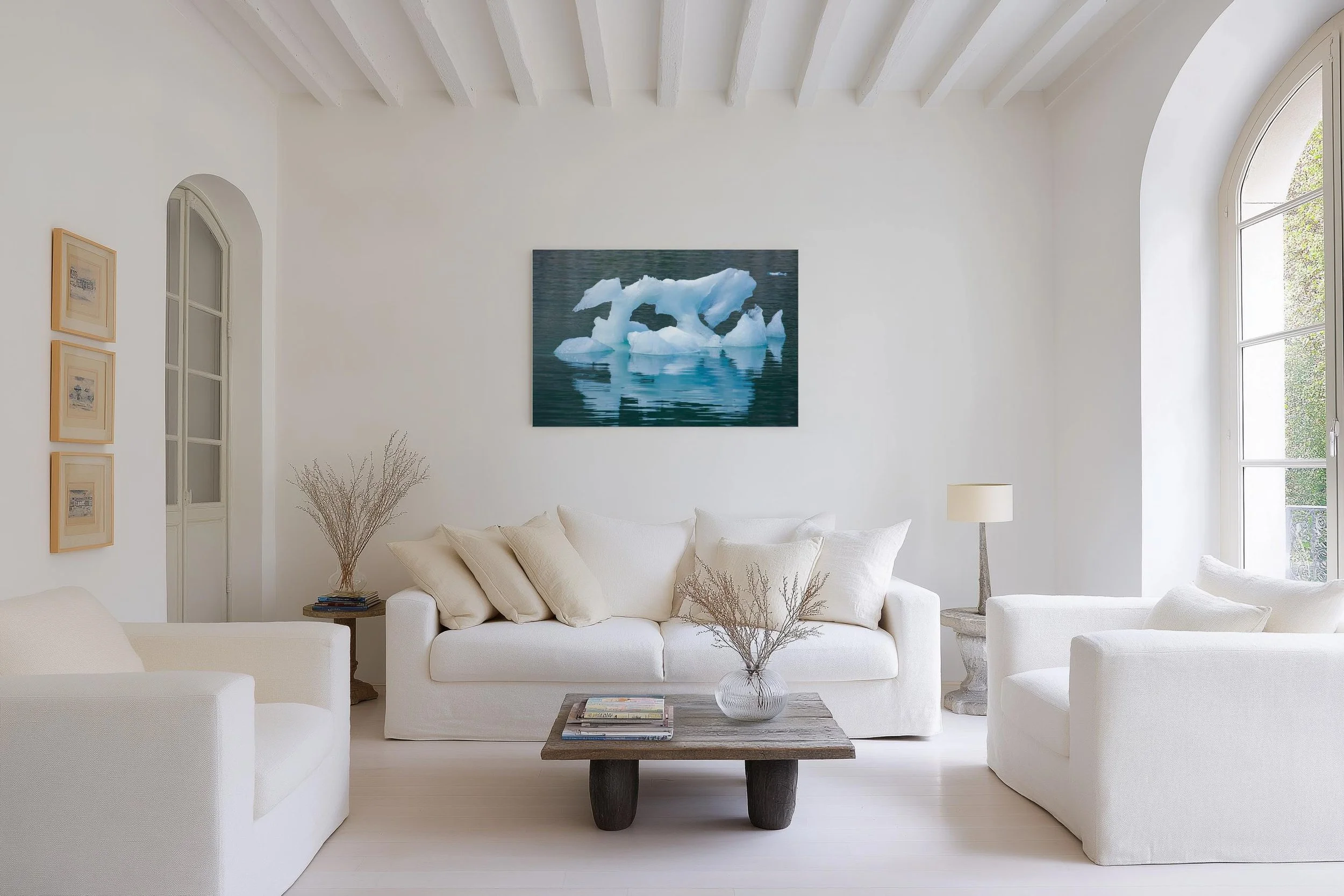 Ice Sculpture Fine Art photograph depicting a sculptural blue iceberg floating on calm water, Alaska, displayed in a living room, mounted on Dibond without a frame.