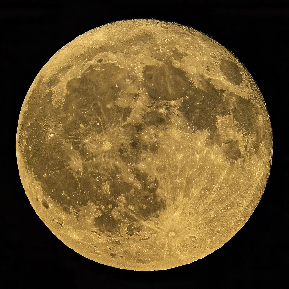 Orange full moon photographed against a dark night sky.