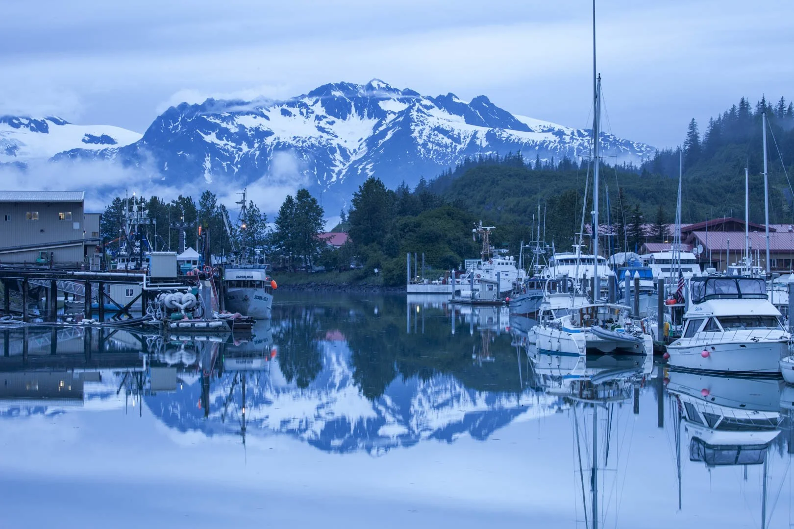 Scenic view of Valdez Harbour in Alaska, surrounded by mountains and coastal waters.