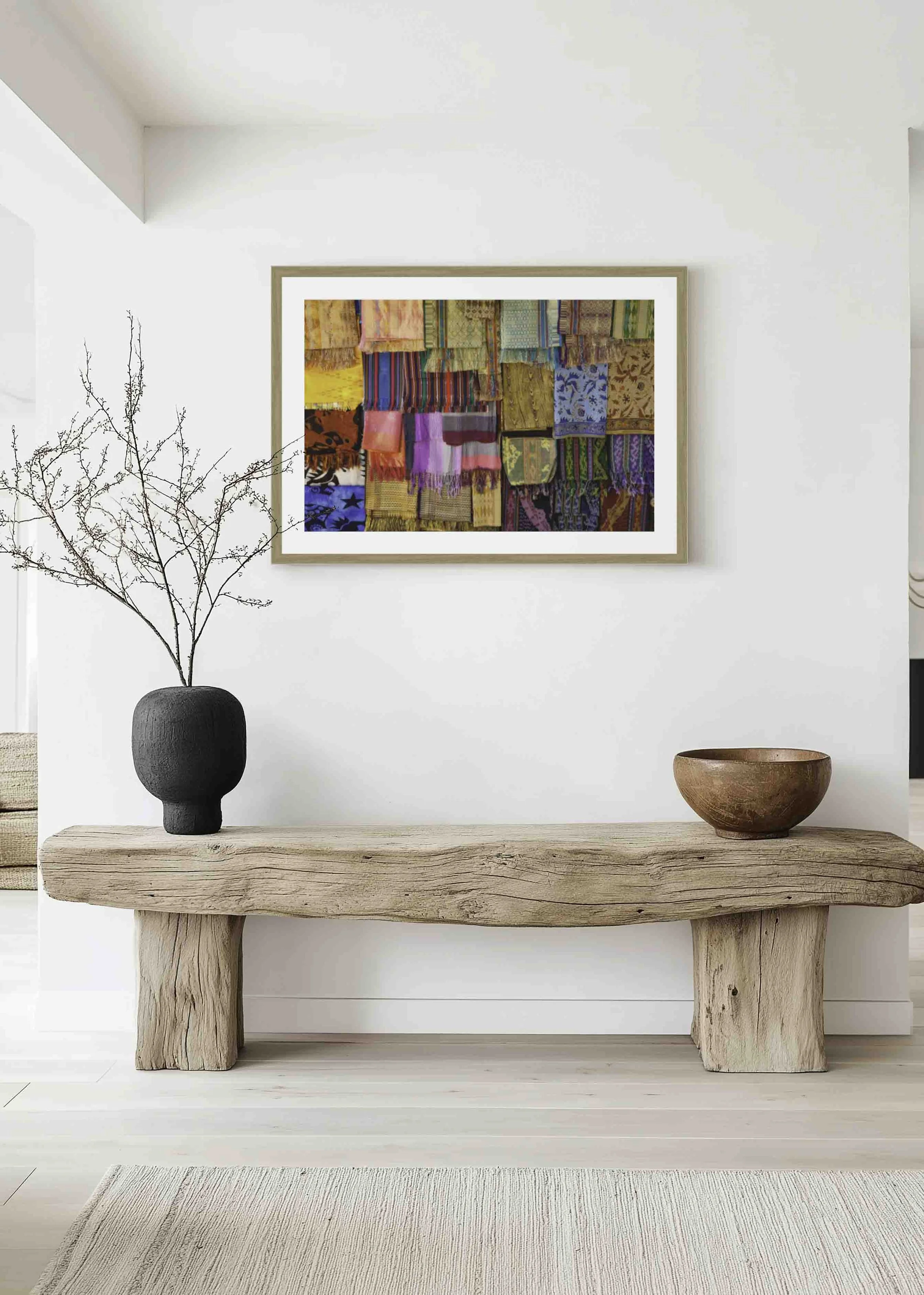 Limited edition fine art photography print by Joseph B, exploring color and material presence through colorful scarfs in a traditional street market in Lombok. Museum-grade printing available.