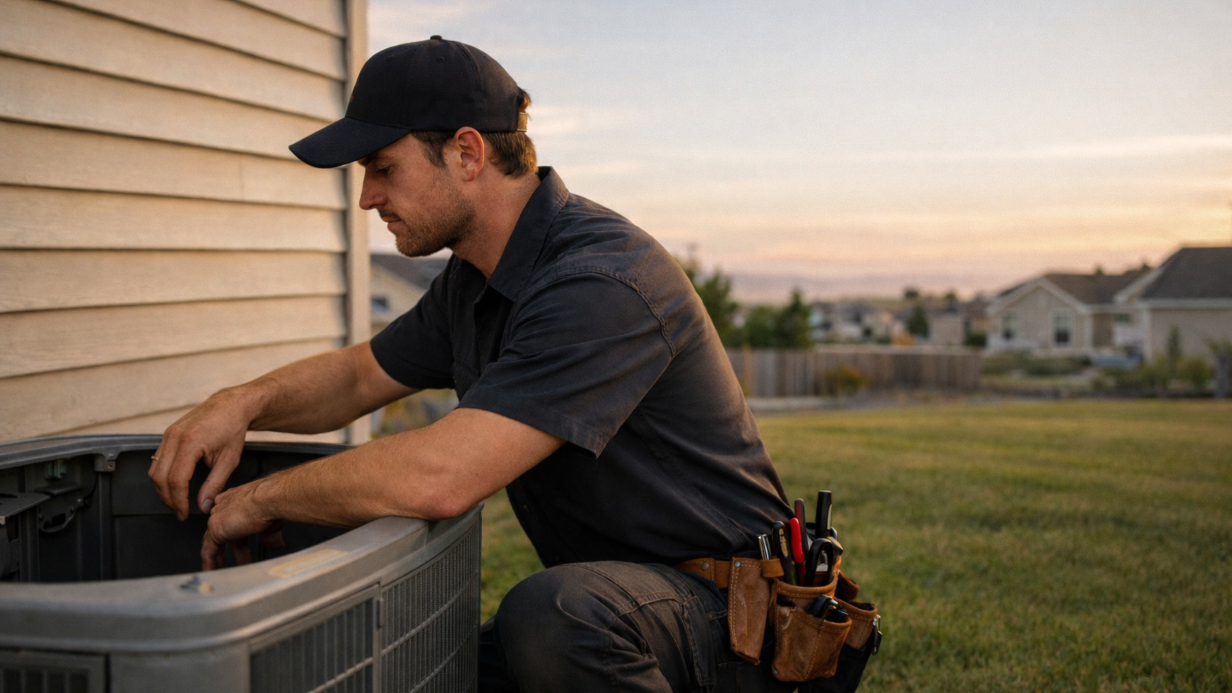 HVAC Technician reaching into a residential AC unit