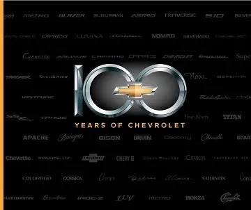 A black background with silver and gold text and logo celebrating 100 years of Chevrolet. The prominent logo features a gold bowtie inside a silver number 100.