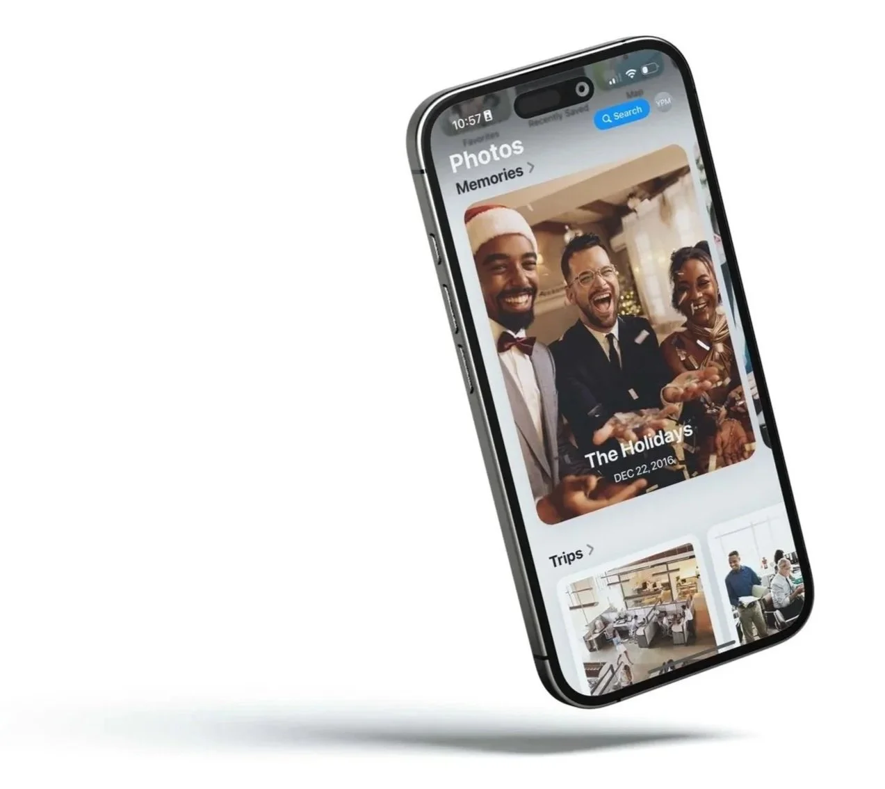 Smartphone displaying a photo app with a festive holiday photo of three people celebrating and smiling.