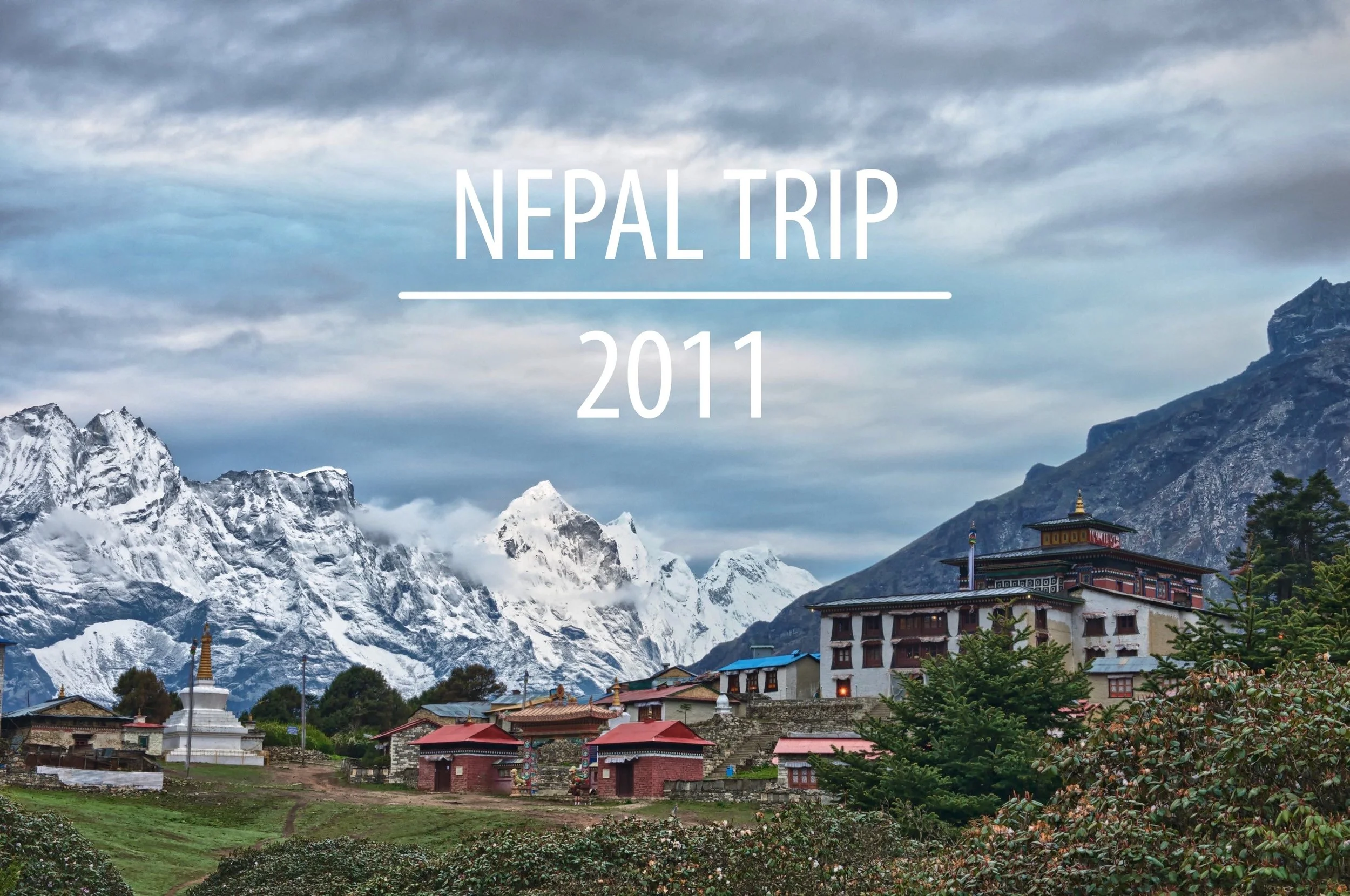Mountain landscape with snow-capped peaks, a cloudy sky, and traditional buildings in a small village with trees in the foreground.