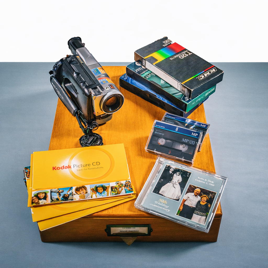 A wooden box displaying vintage photographic equipment, including a Sony camcorder, Kodak picture CDs, Sony audio cassette tapes, and photographic slides and images.