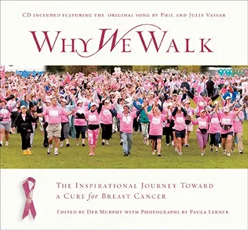 Group of breast cancer awareness walkers wearing pink shirts and hats at a charity event outdoors.