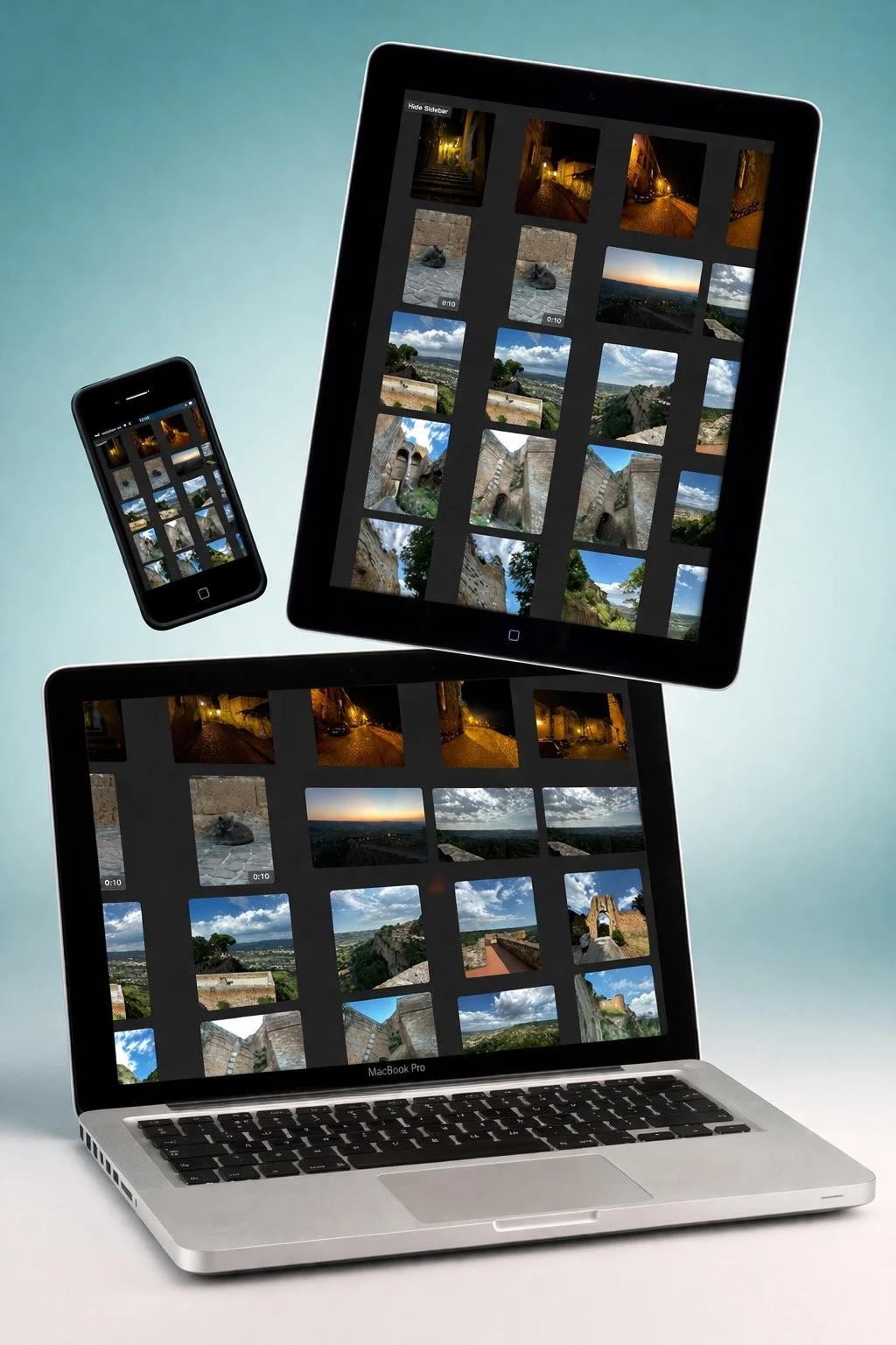 Multiple devices including a smartphone, tablet, and laptop showing a grid of travel photos of landscapes, architecture, and city scenes.