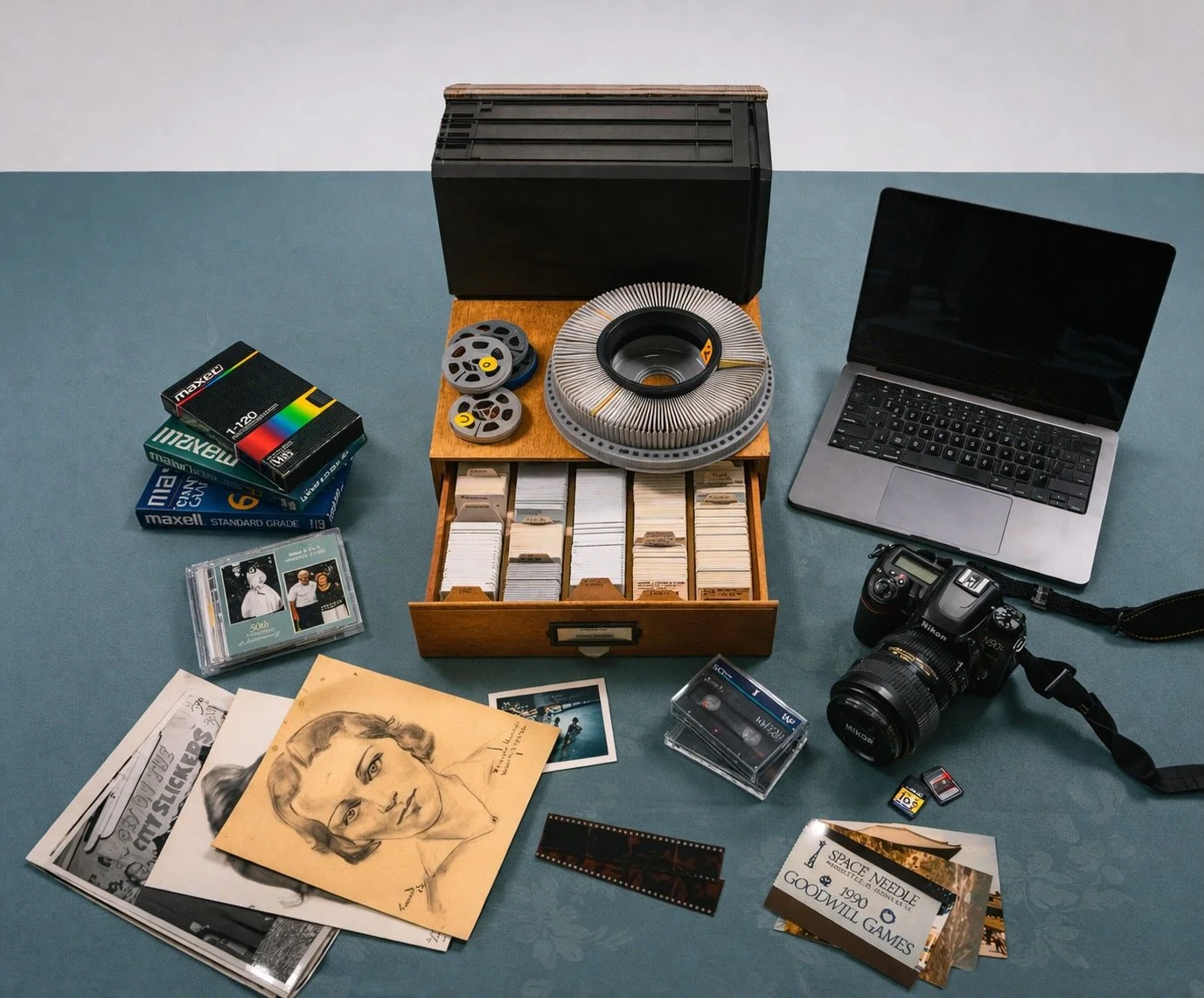 A tabletop with vintage items including film rolls, photographs, a camera, a laptop, a chess timer, film boxes, and memorabilia.