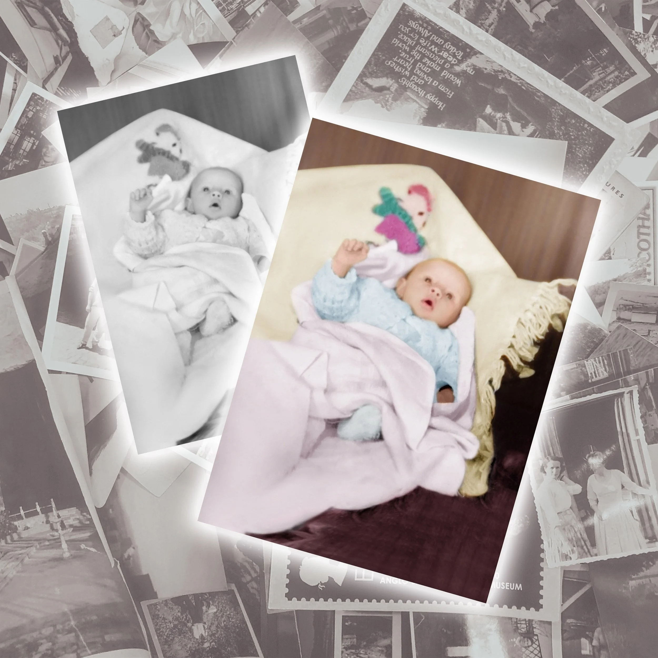 Color photo of a baby lying on a bed with a pink blanket and a colorful plush toy, looking at the camera. A black-and-white version of the same photo is behind it.