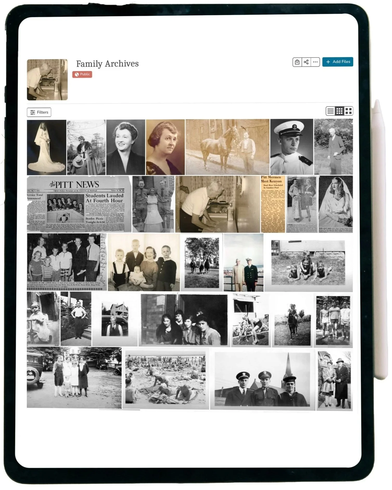 Screenshots of a digital photo album titled 'Family Archives' displaying black and white and color photographs of family members, historical events, and daily life from different decades.