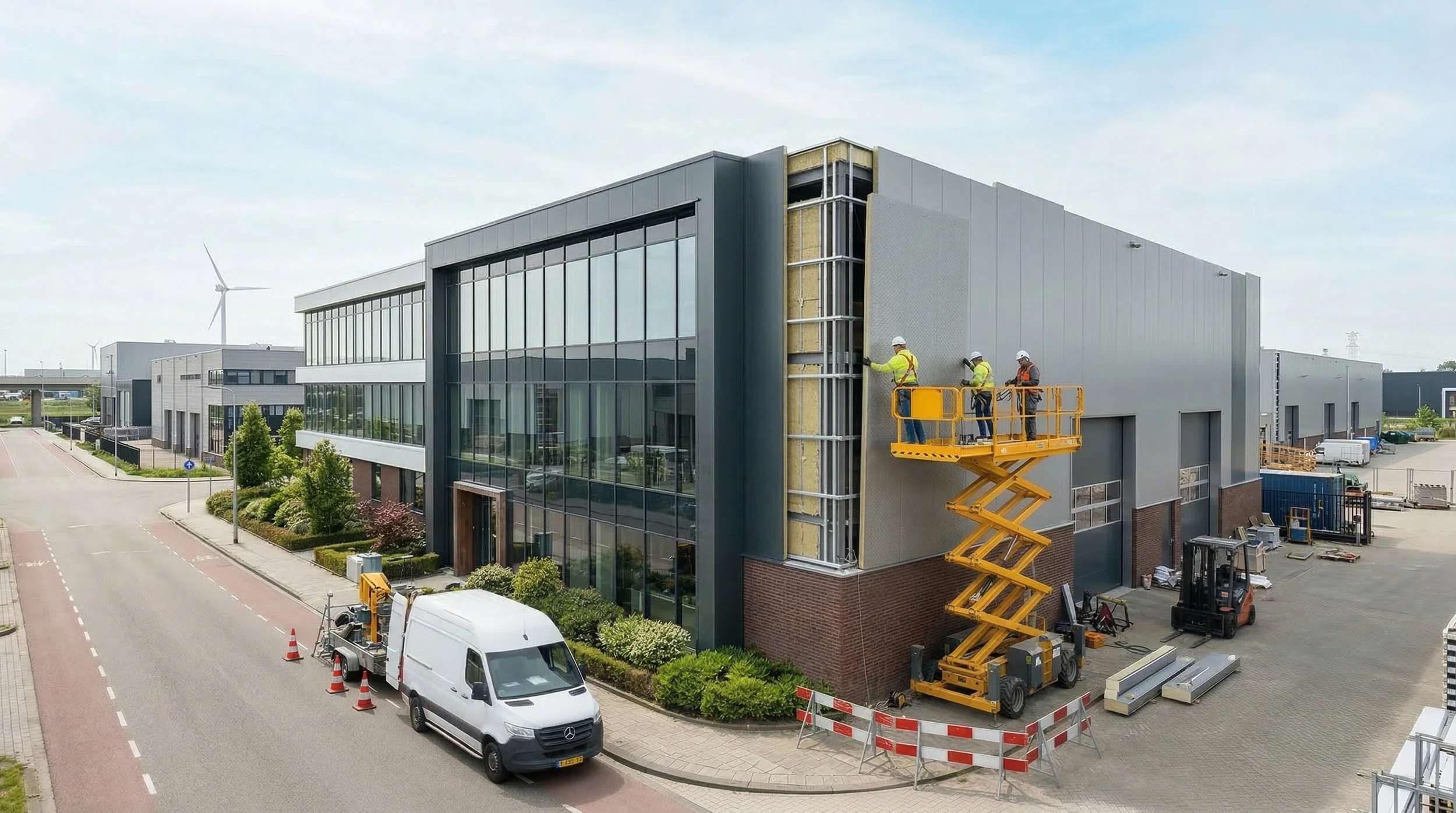 Constructiepersoneel werkt aan de gevel van een modern kantoorgebouw met grote glazen ramen, gebruikmakend van een verticale uitschuifbare werkplatform.