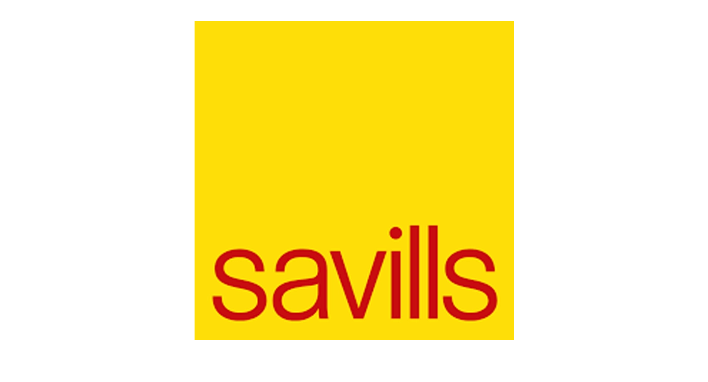 Een logo met de tekst 'savills' in rode letters op een gele achtergrond.