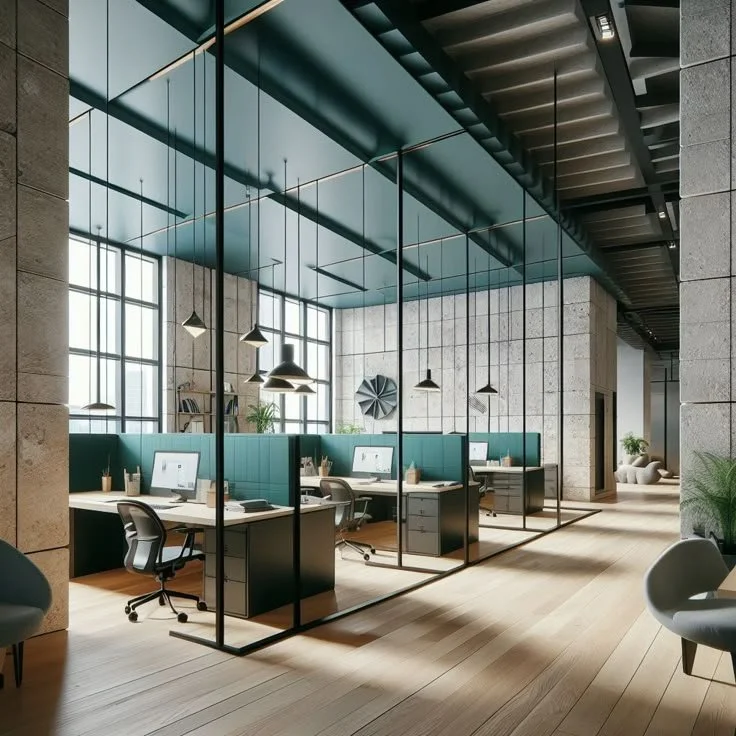 Open kantoorruimte met werkplekken, bureaus, bureaustoelen, computers, en modern decor met grote ramen en planten.