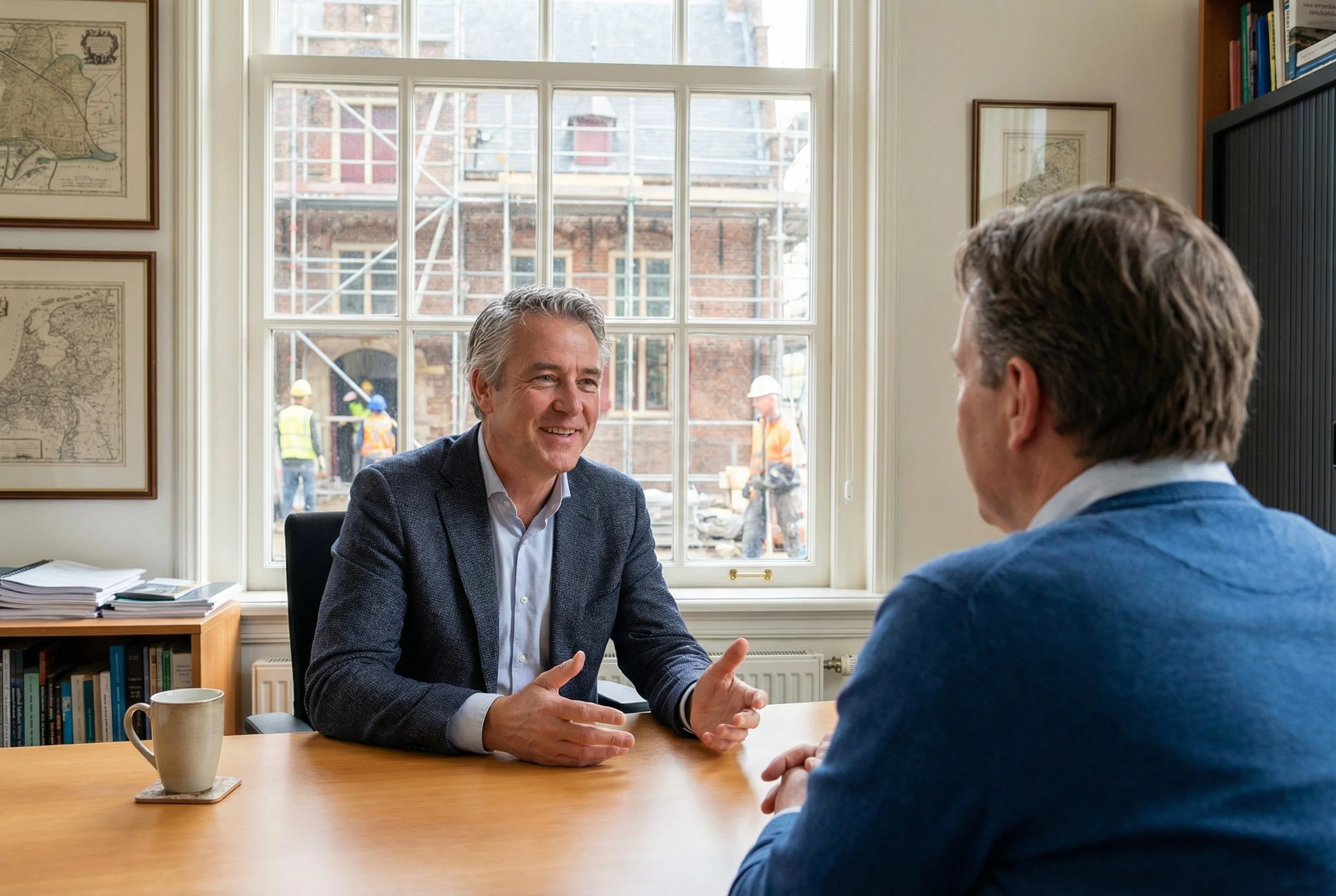 Twee mannen voeren een zakelijk gesprek in een kantoor met een grote raampartij die uitzicht biedt op een bouwplaats buiten.